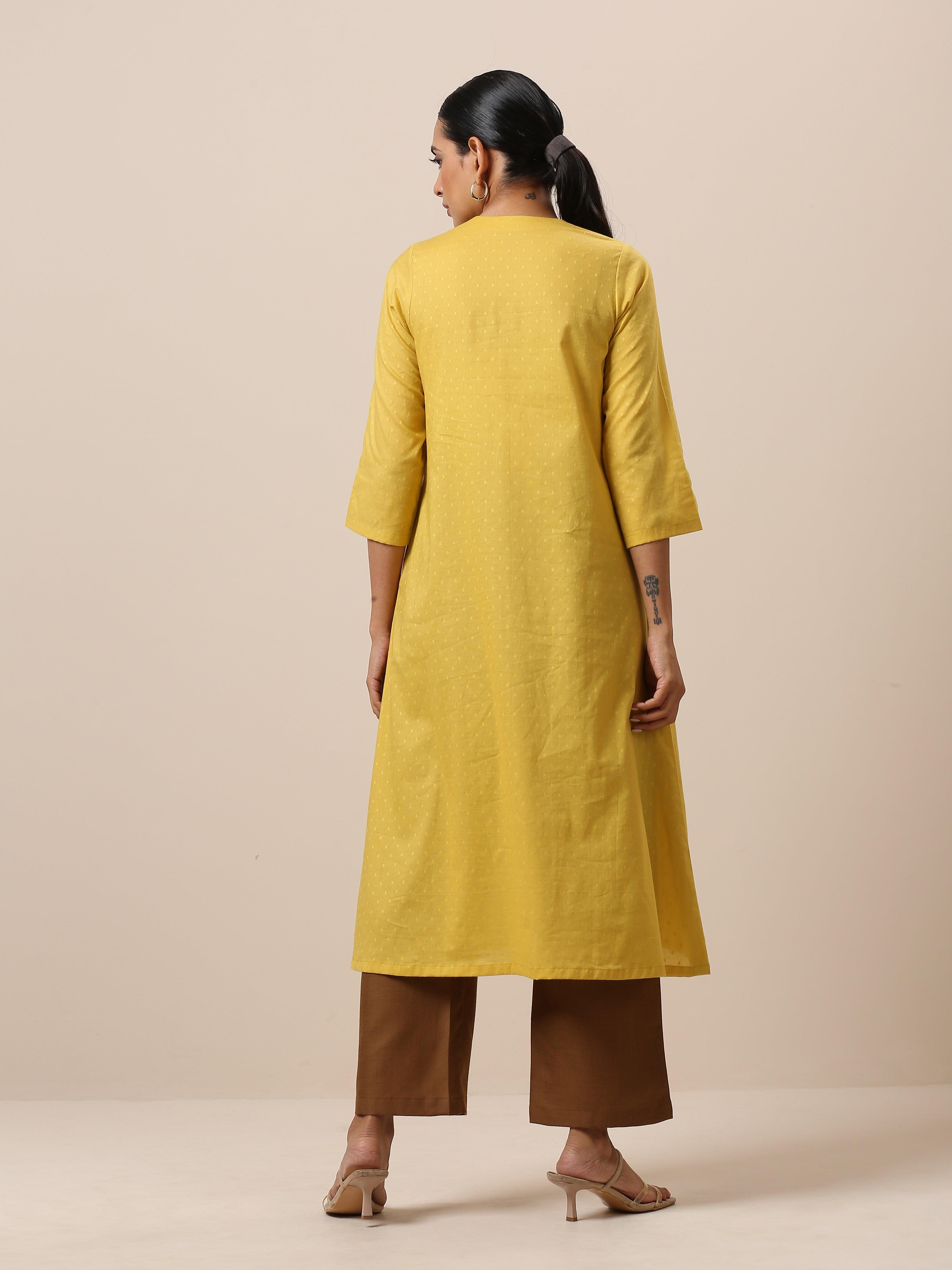 Cotton Dobby Yellow Kurta Pant Set - trueBrowns