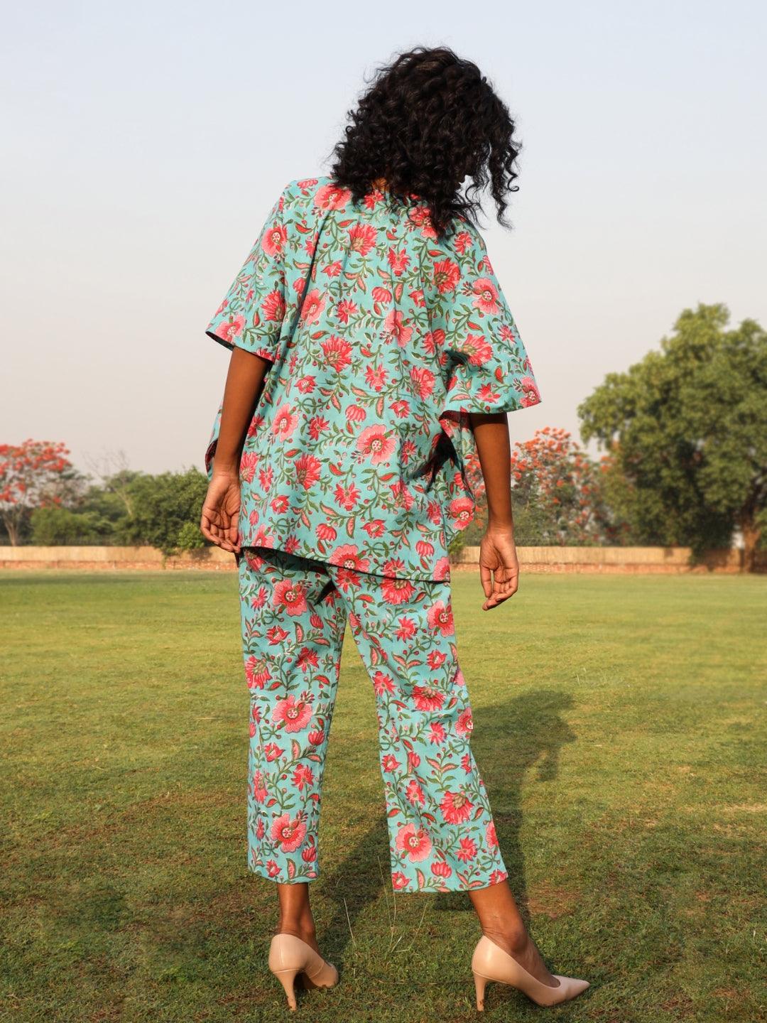 Aqua Cotton Block Print Kaftan Co-Ord Set - trueBrowns
