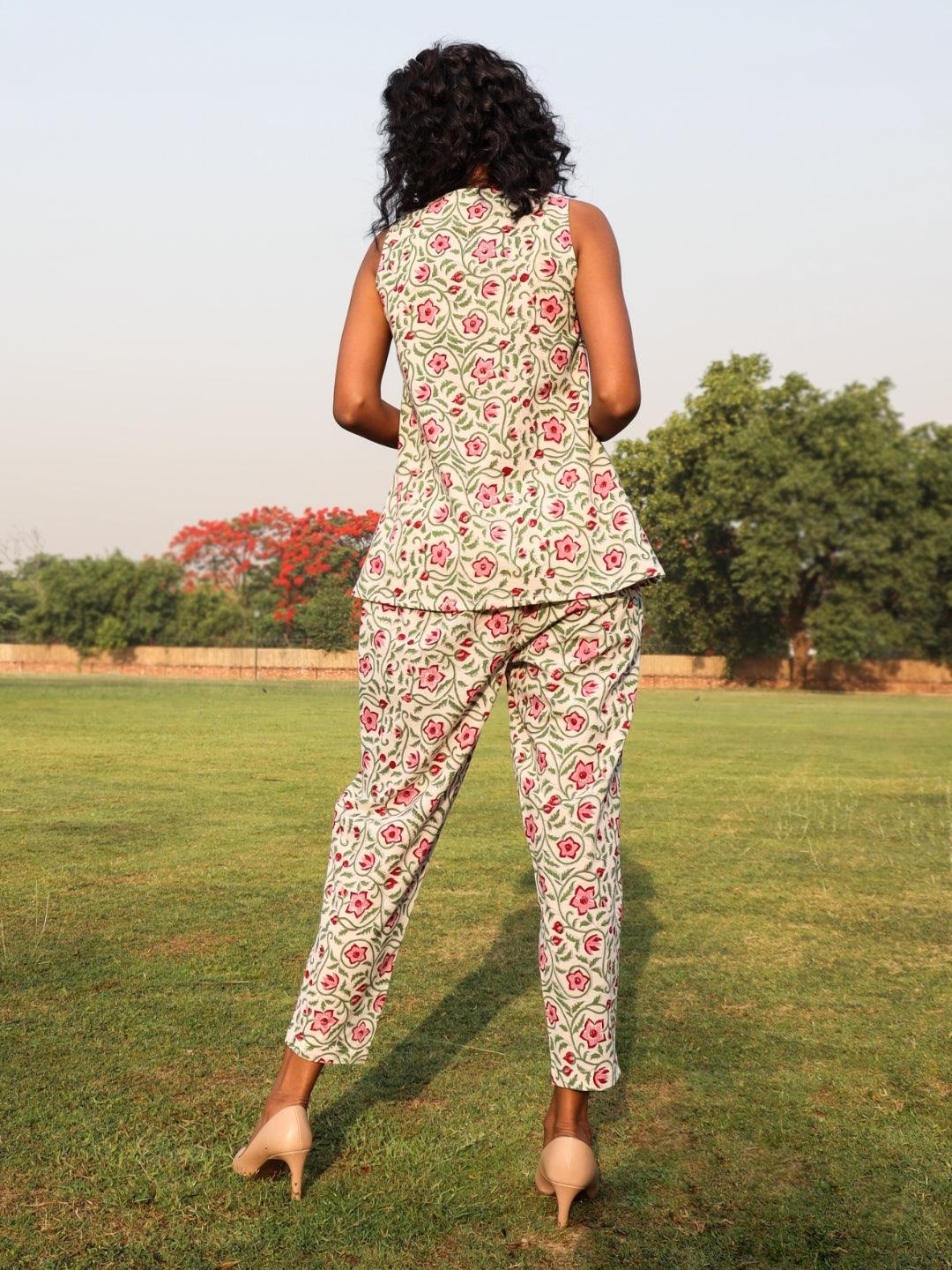 White Cotton Block Print Sleeveless Co-Ord set - trueBrowns