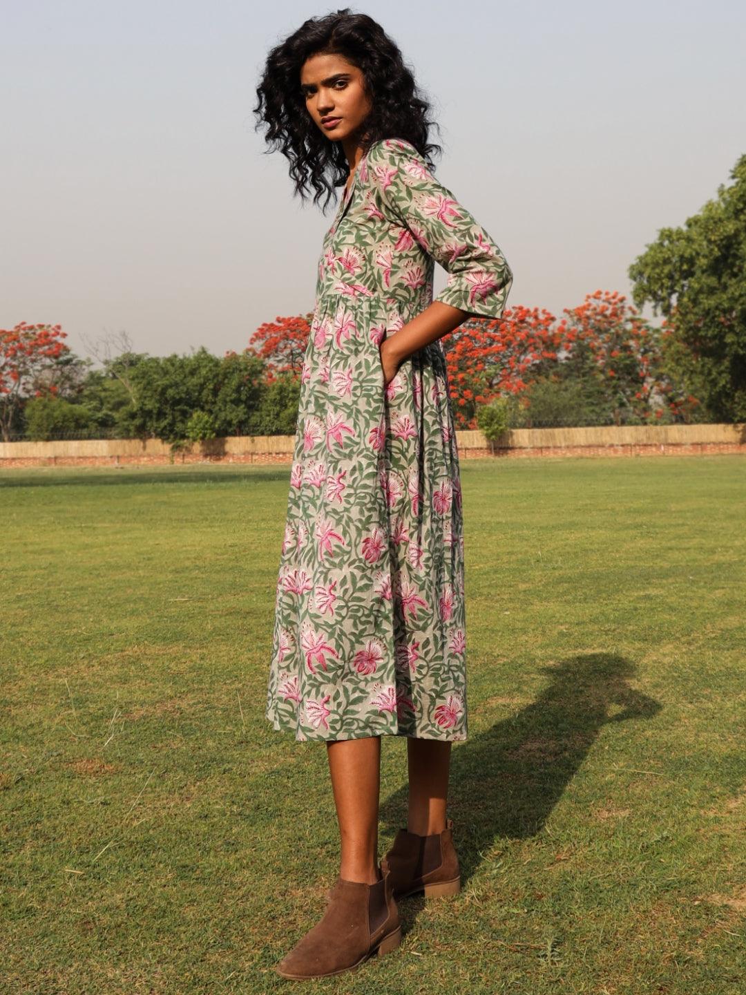 Sage Cotton Block Print Lapel Collared Dress - trueBrowns