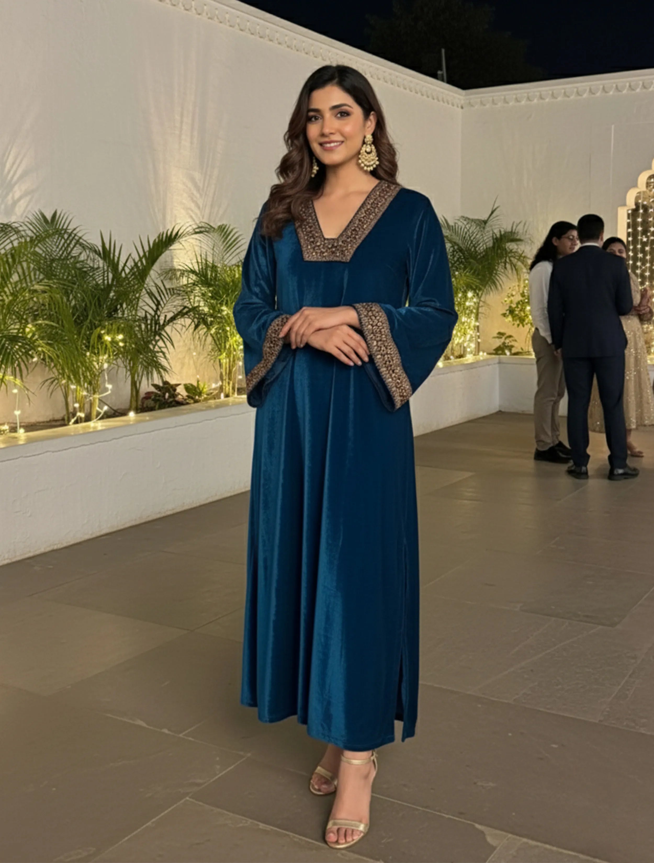 trueBrowns Blue Glass Neck Velvet Dress