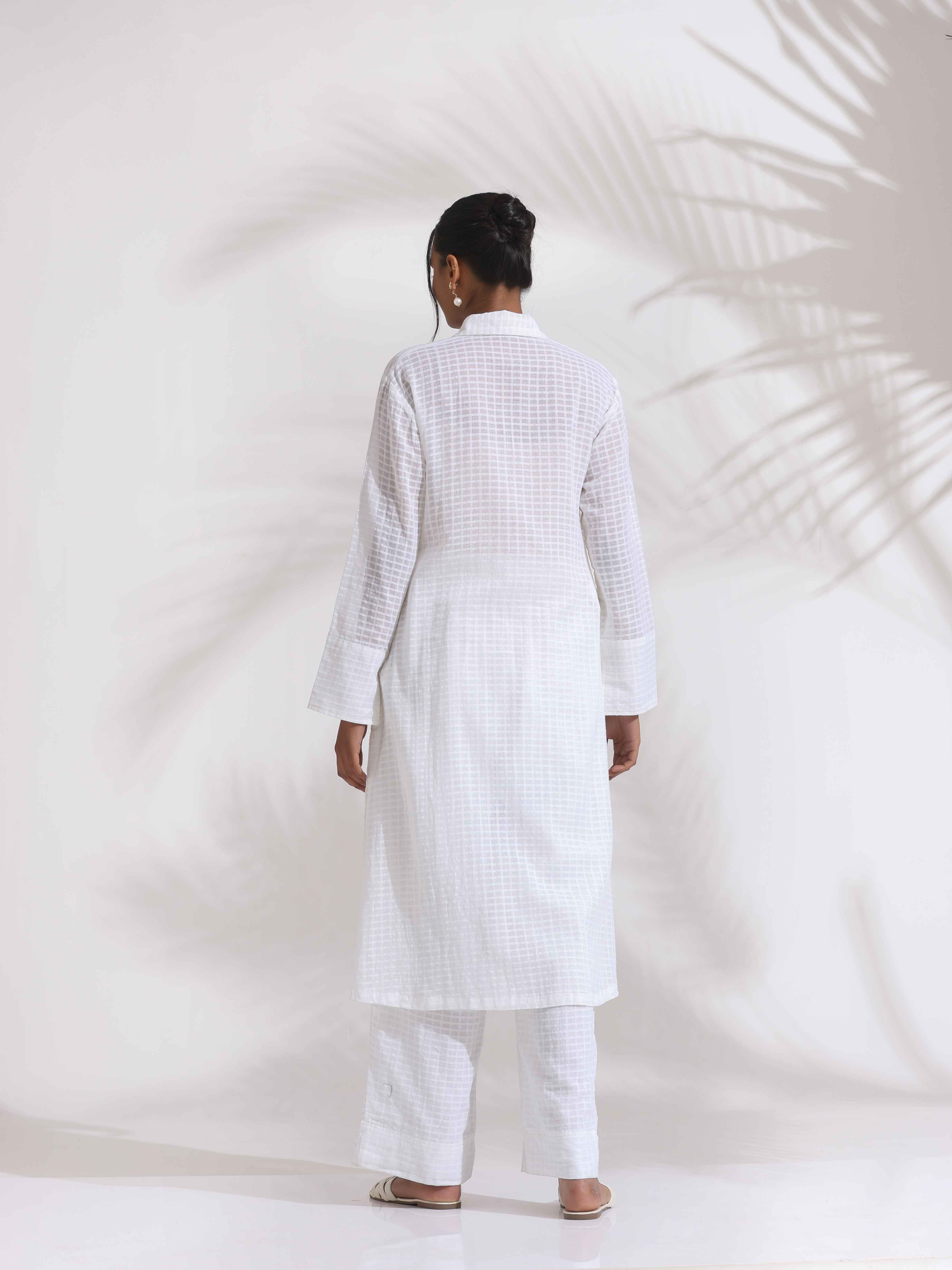 trueBrowns White Check Cotton Kurta Set