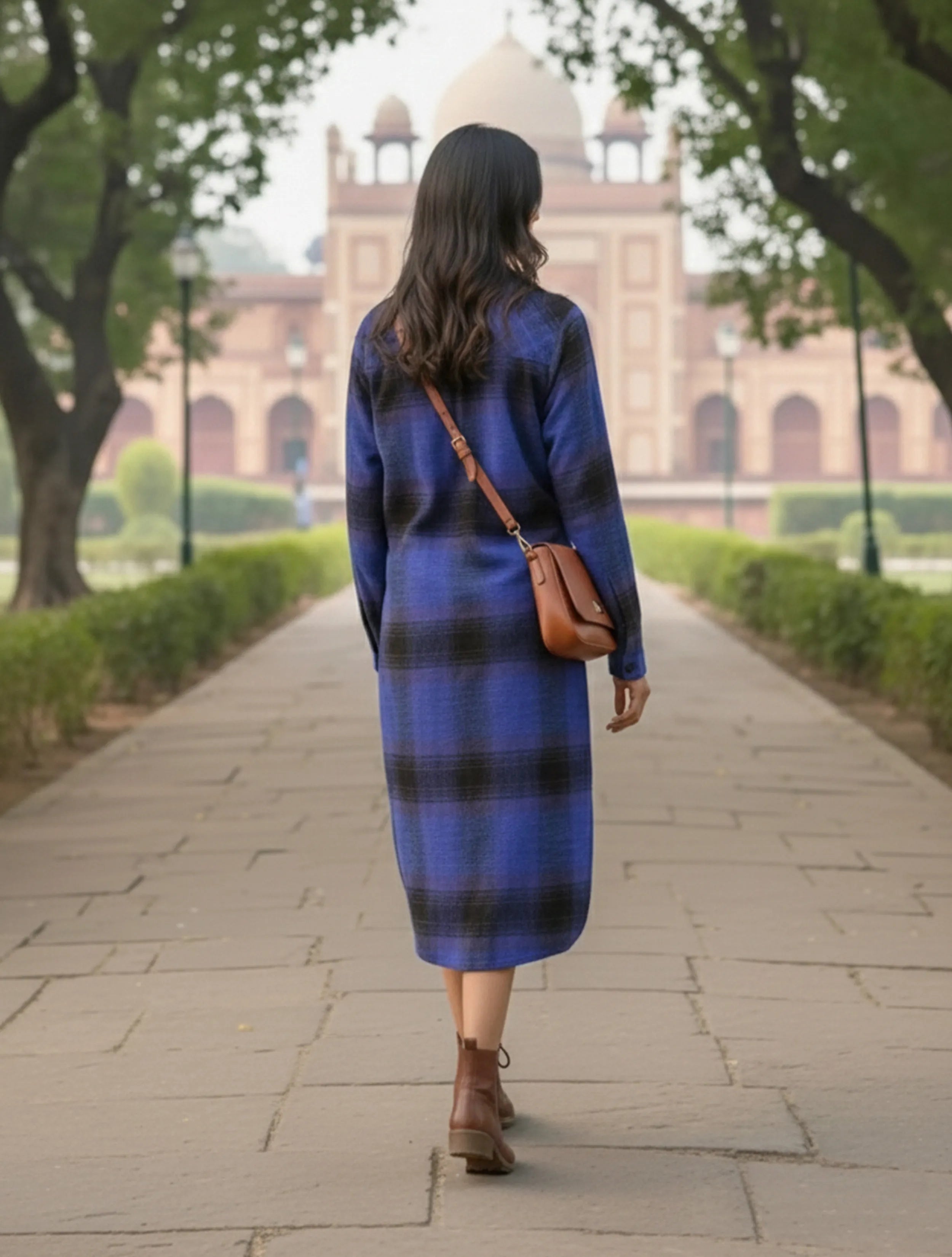 trueBrowns Purple Black Check Woollen Long Shirt Dress