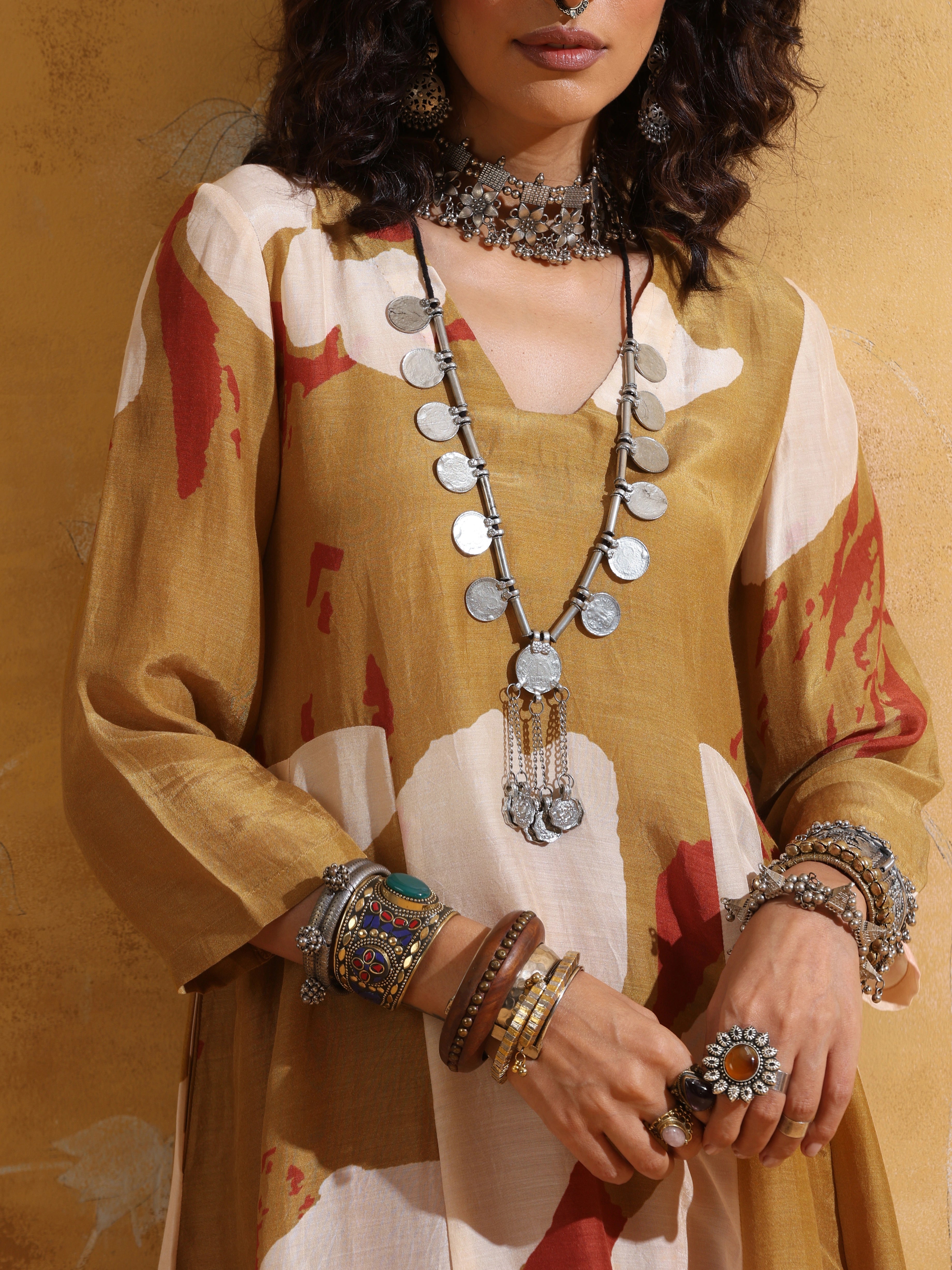 trueBrowns Mustard Rust Red Floral Print Muslin Silk Fit And Flared Kurta Set