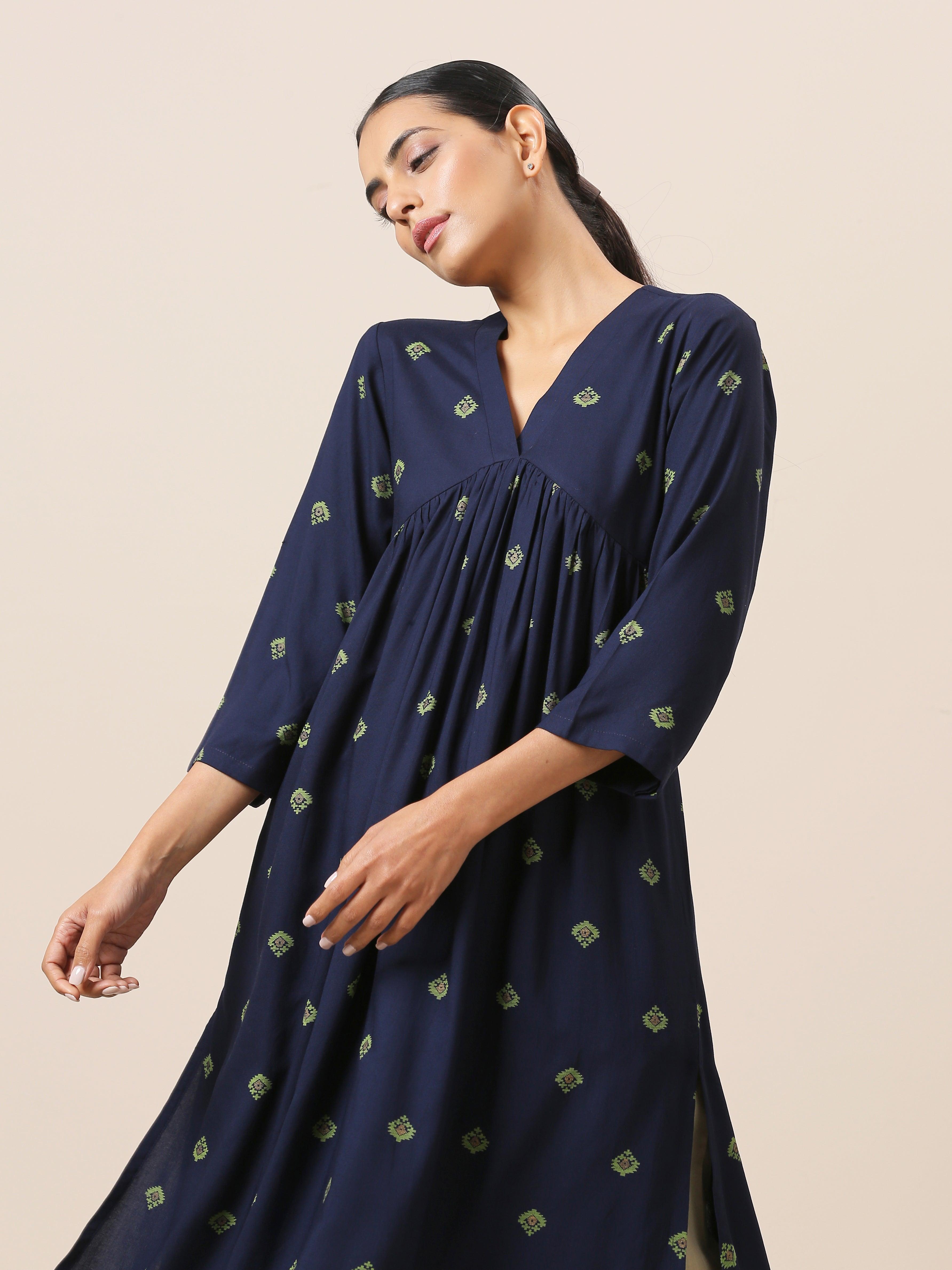 Cotton Blue Printed Slit Kurta Pant Set - trueBrowns