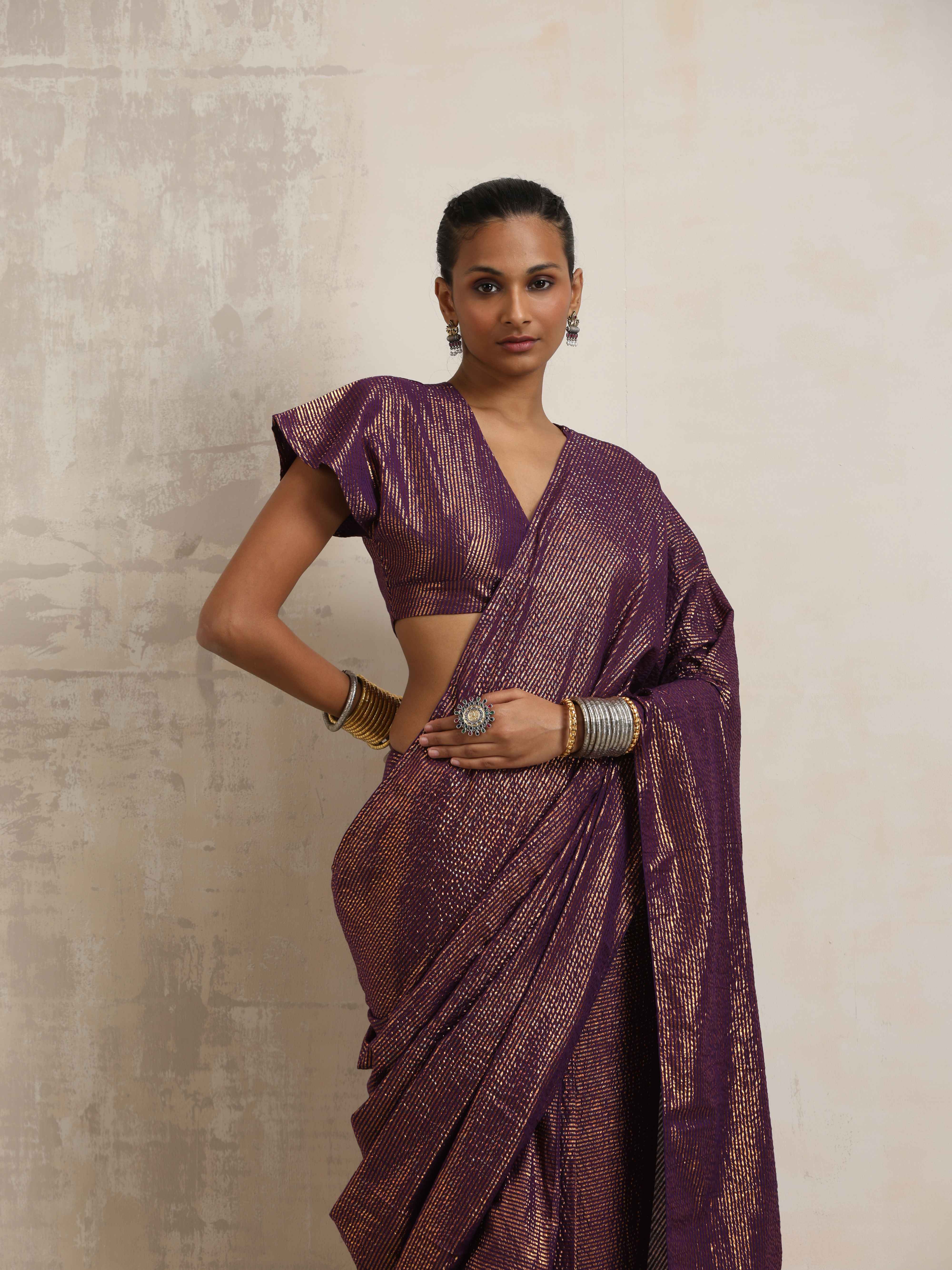 trueBrowns Purple Gold Lurex Ready To Wear Saree