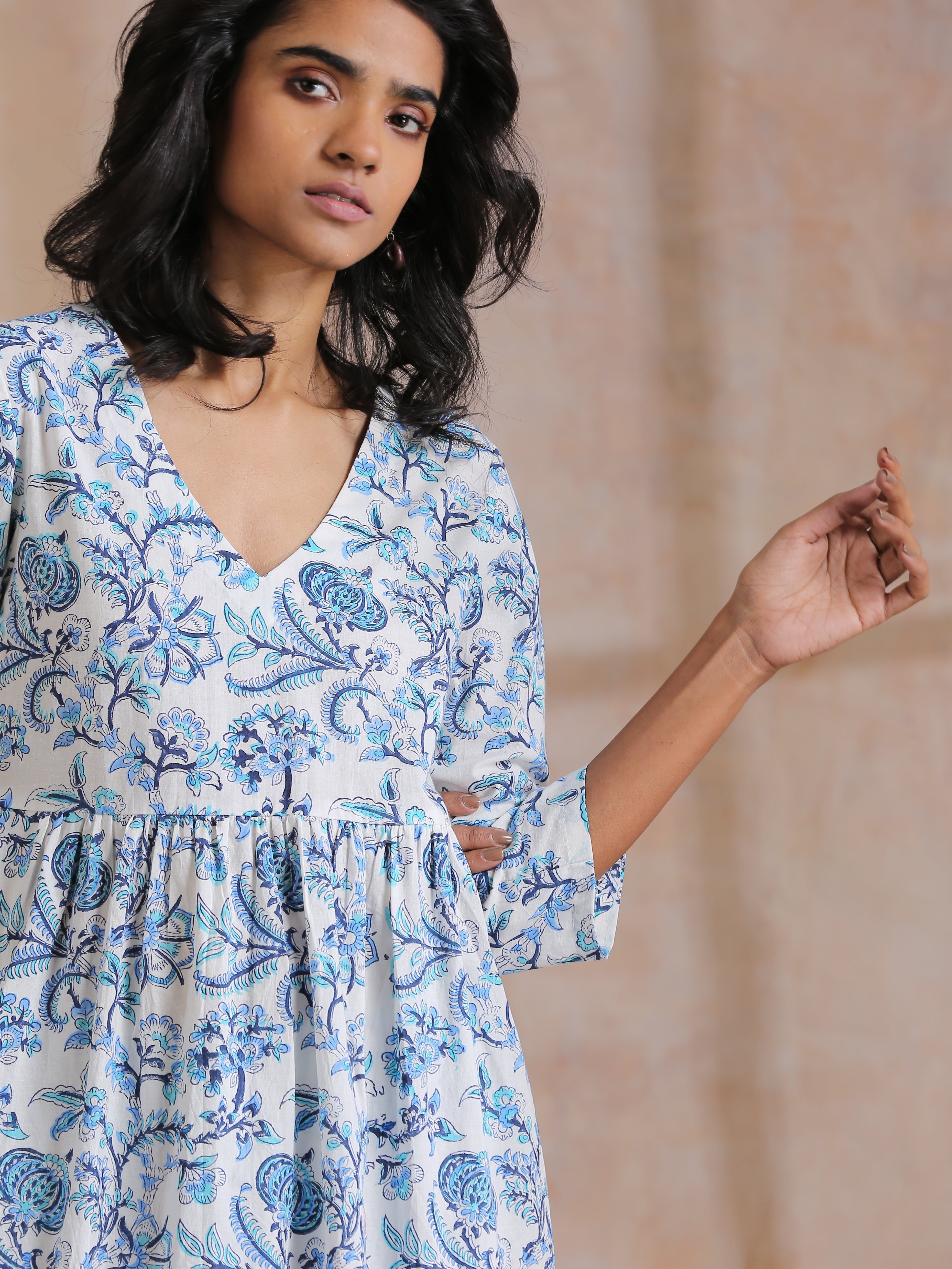 White With Overall Blue Print Cotton Slit Gathered Kurta Set