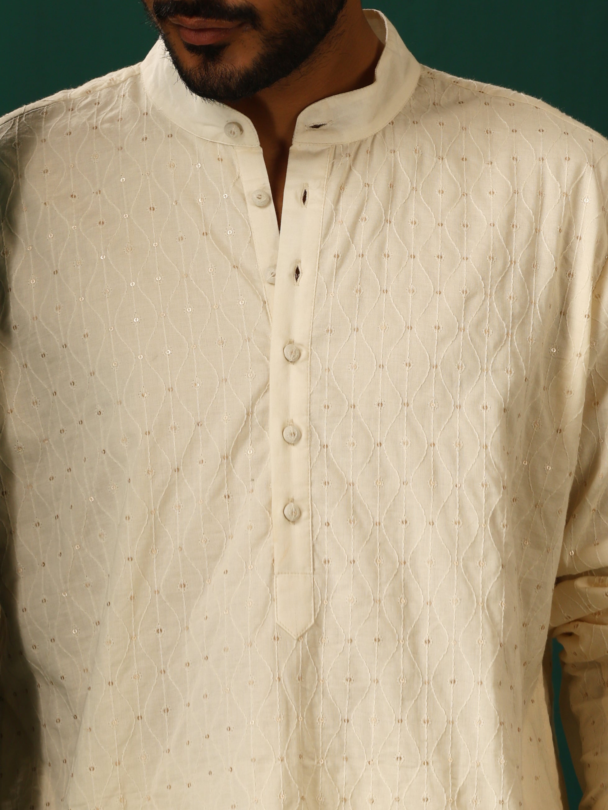 trueBrowns Men Ivory Embroidered Co-ord Set