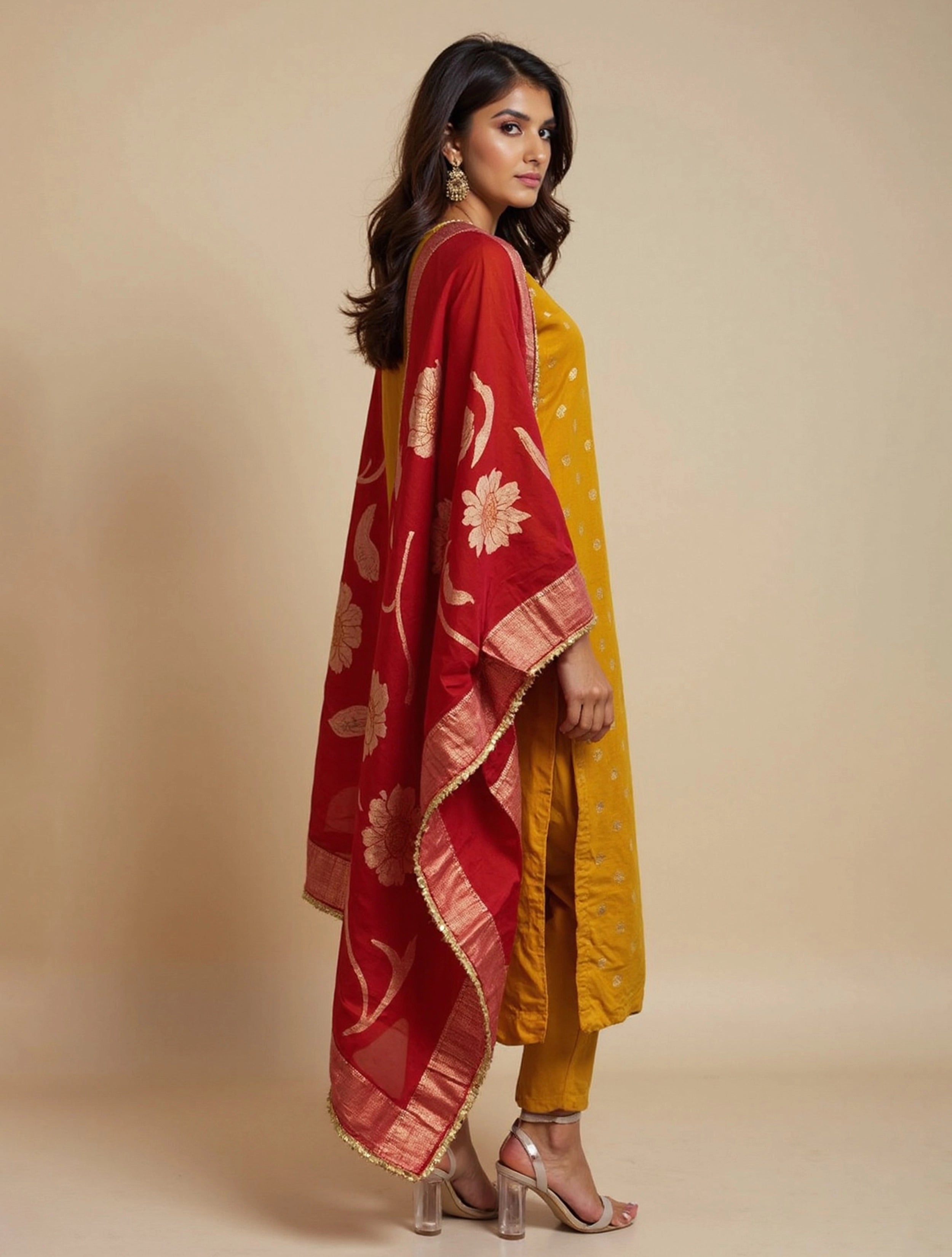 trueBrowns Yellow Jacquard Straight Kurta Pant Dupatta Set