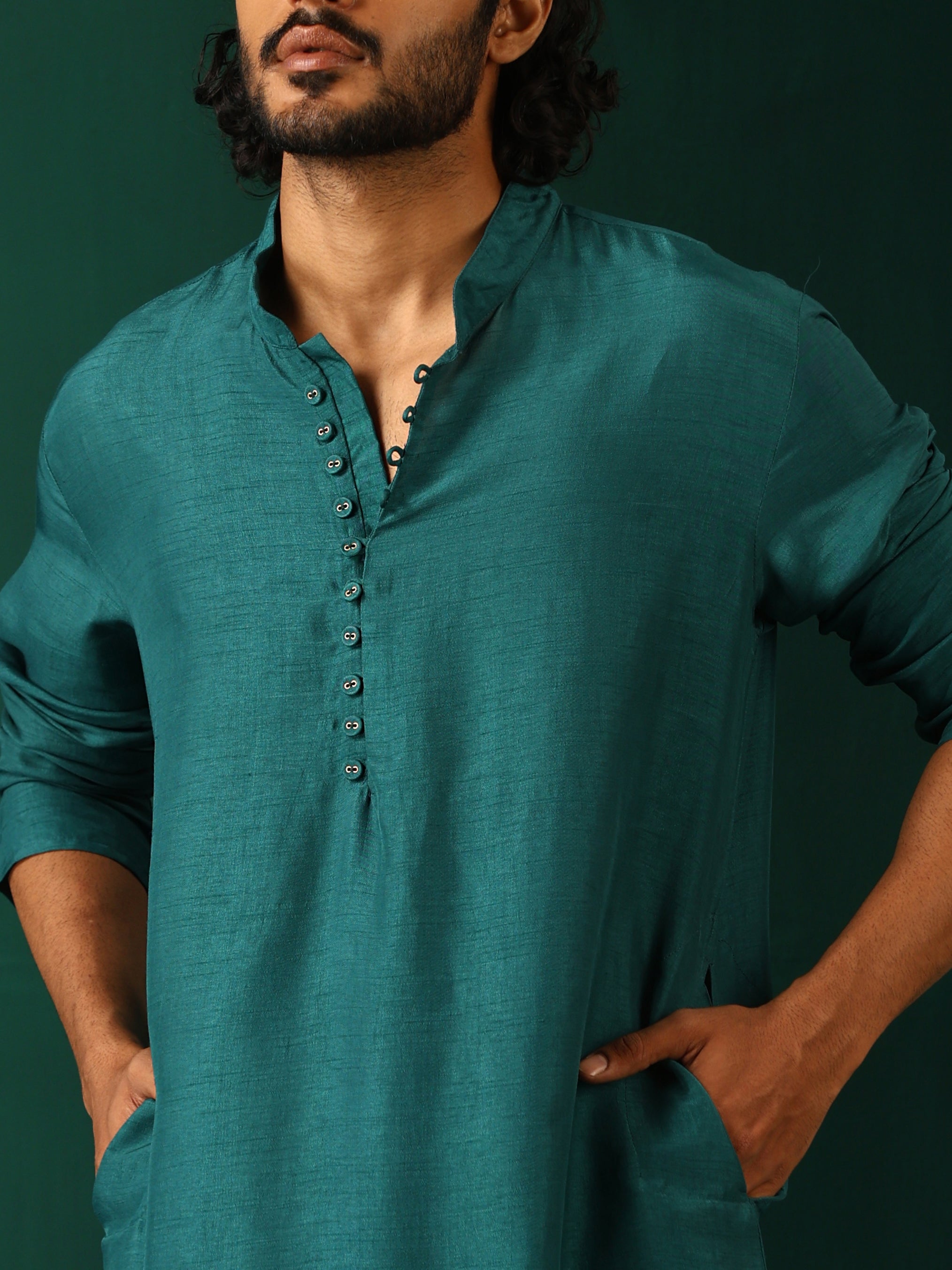 trueBrowns Men Teal Silk Co-ord Set