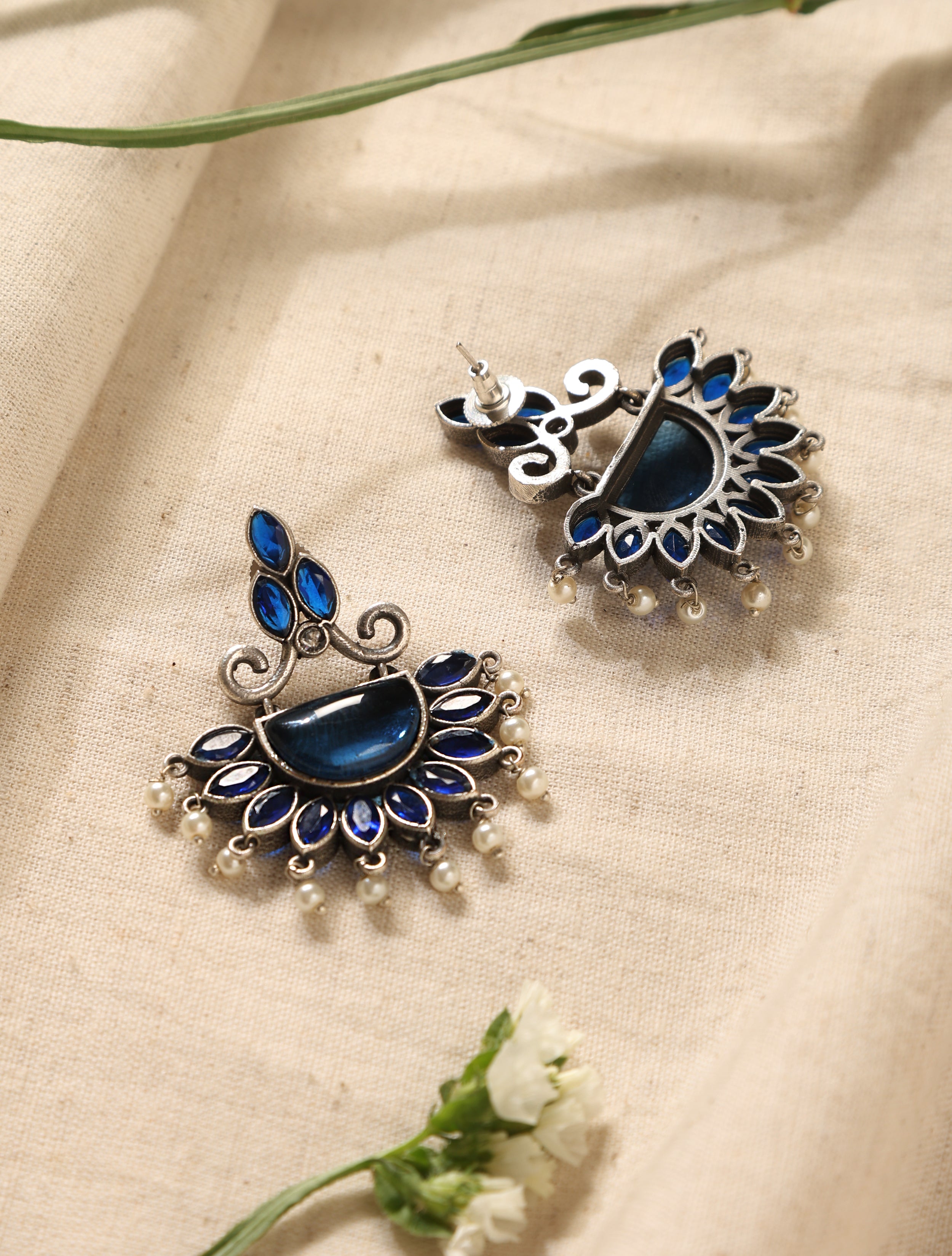 trueBrowns Silver Half Circular Blue Earrings