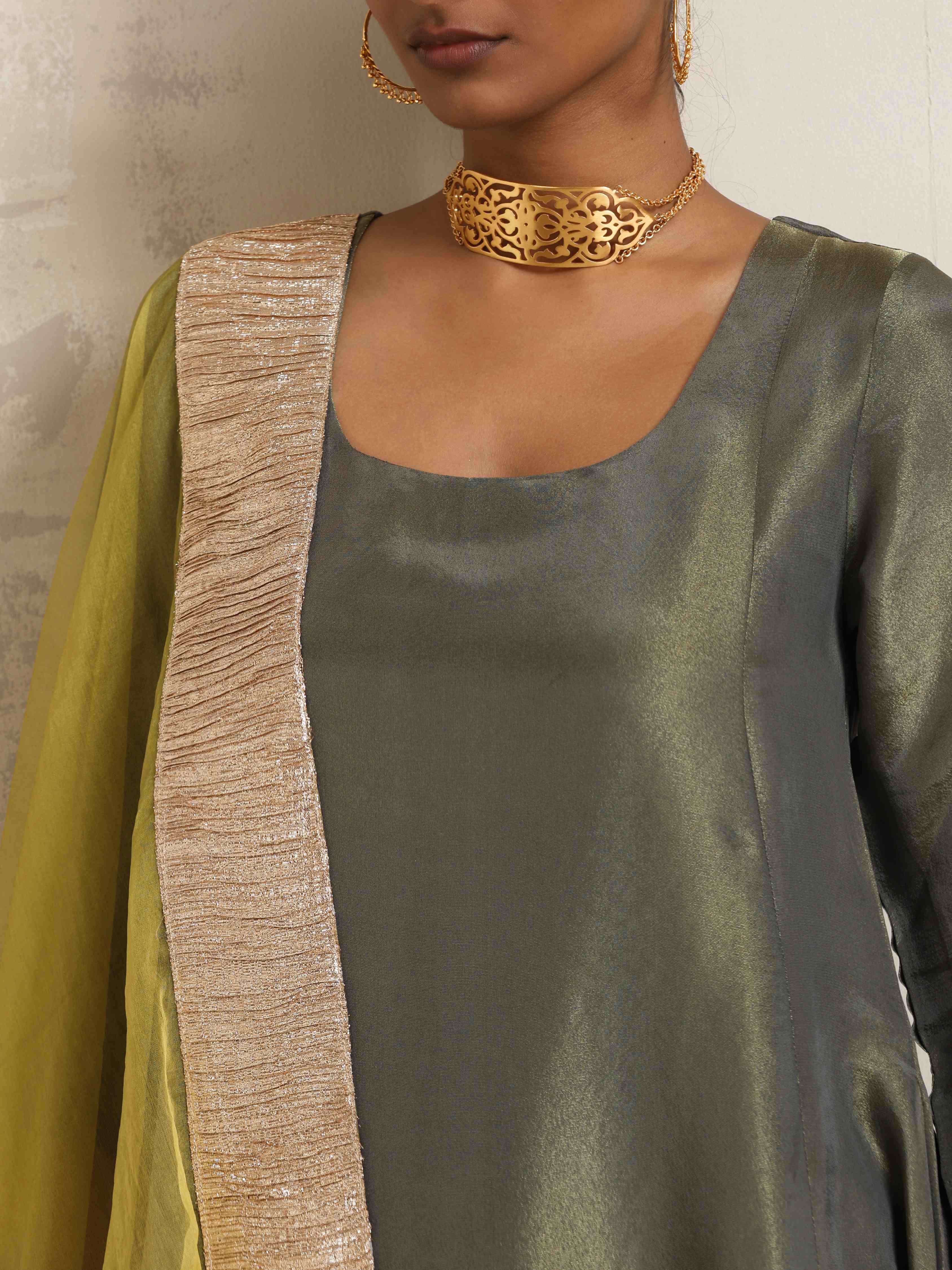 trueBrowns Green Tissue Anarkali Kurta Dupatta Set