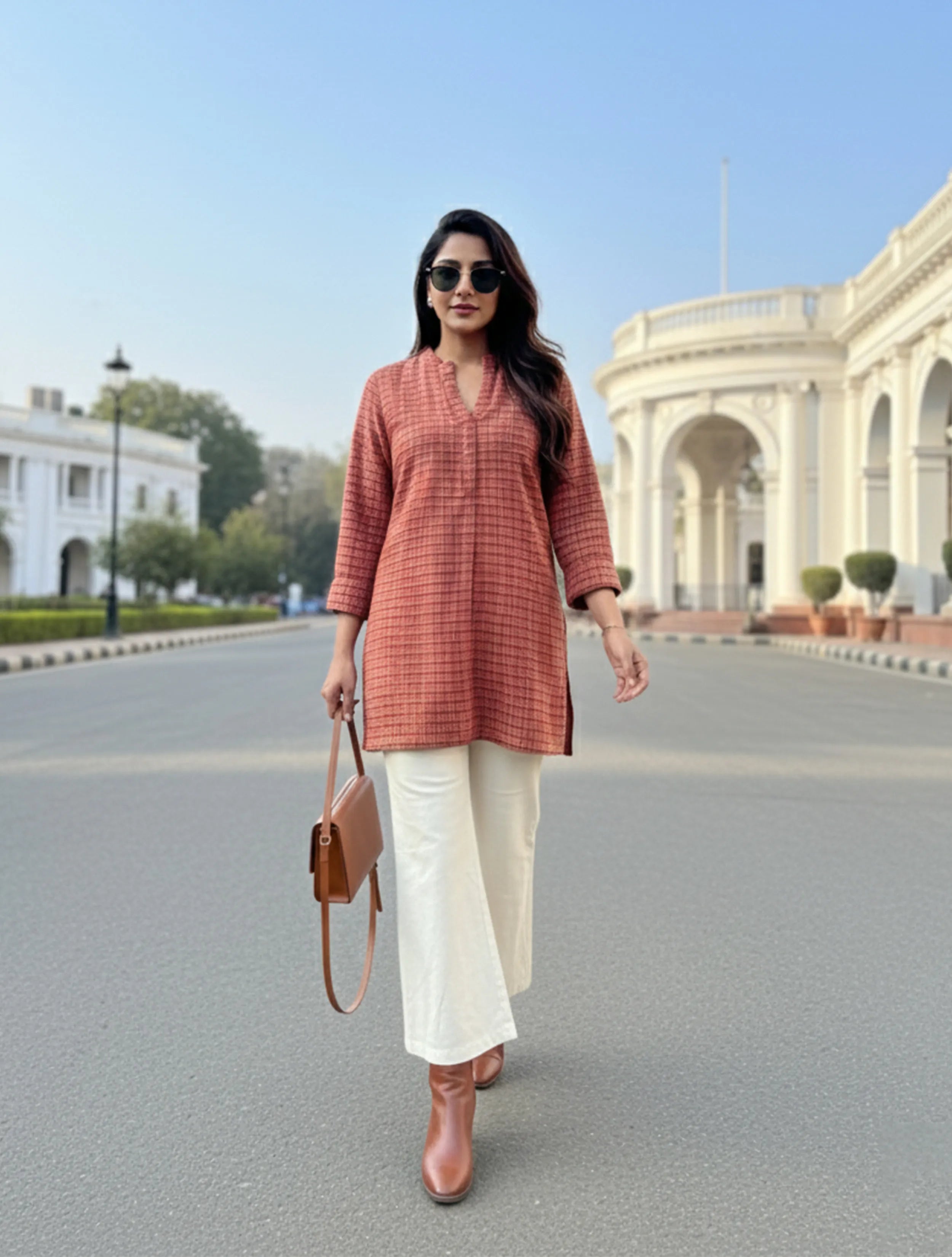 trueBrowns Maroon Check Round V-Neck Top