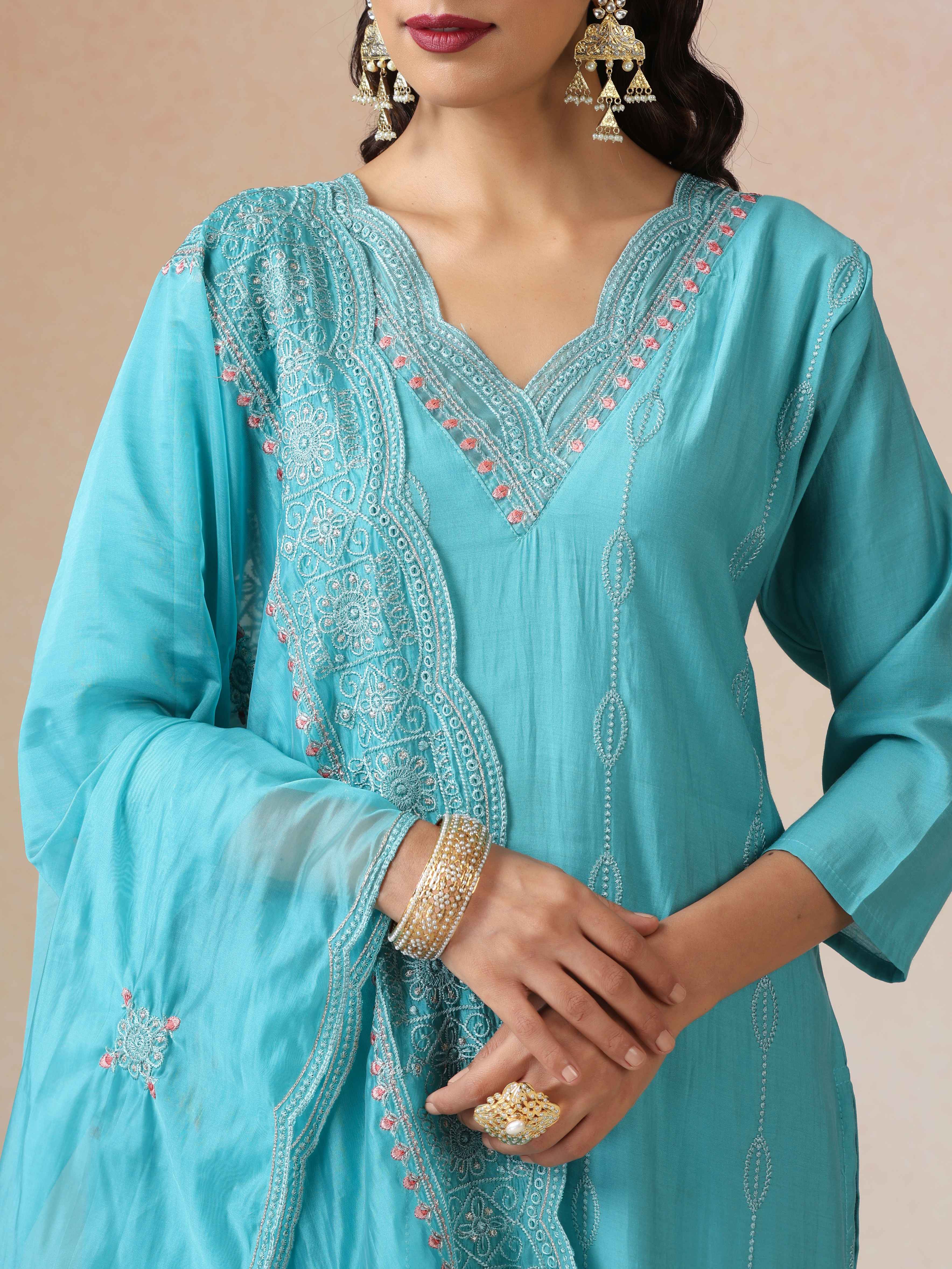 trueBrowns Blue Embroidered Kurta Pant Dupatta Set