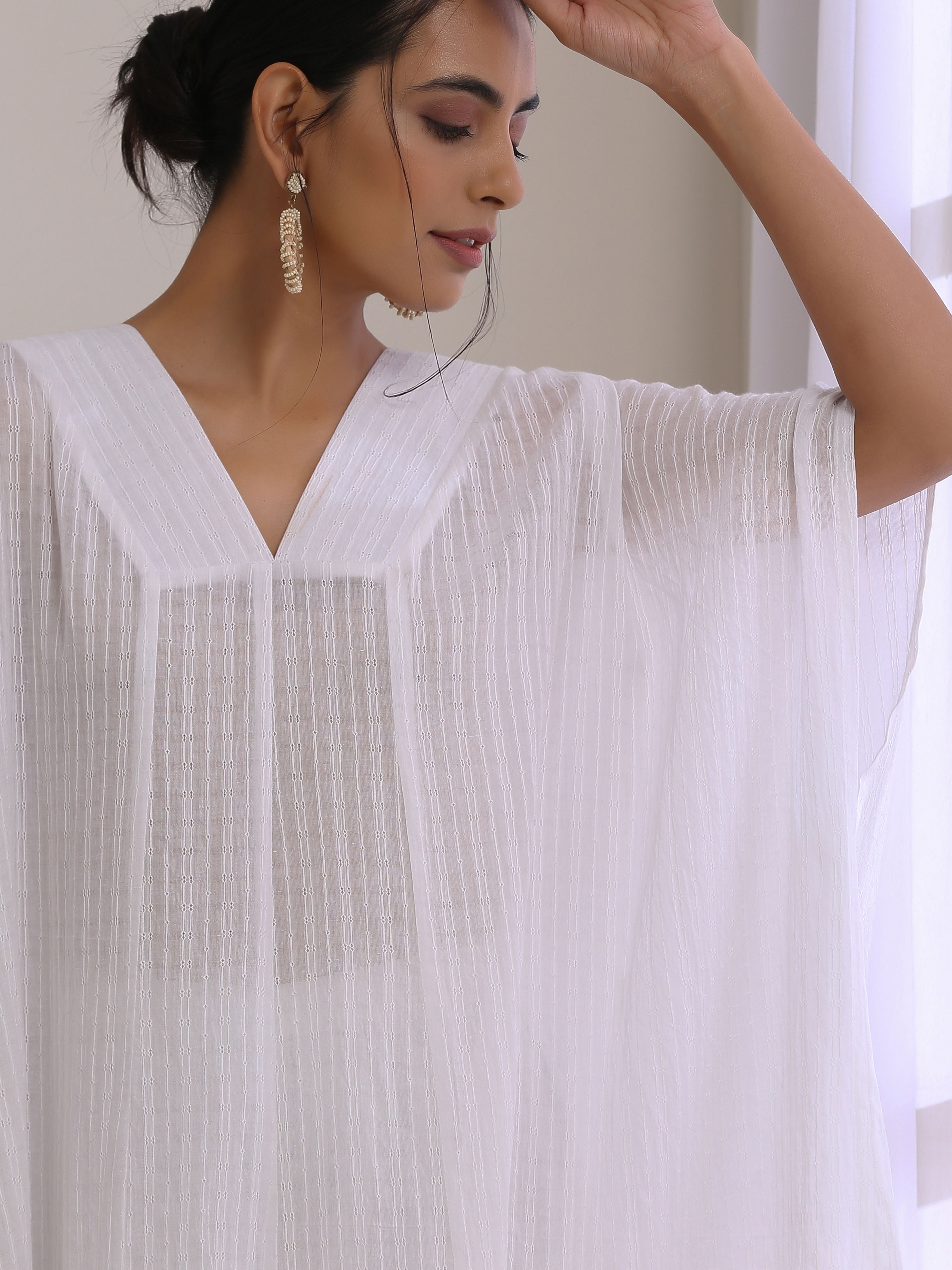 White Dobby Panel Kaftan Kurta Pant Set