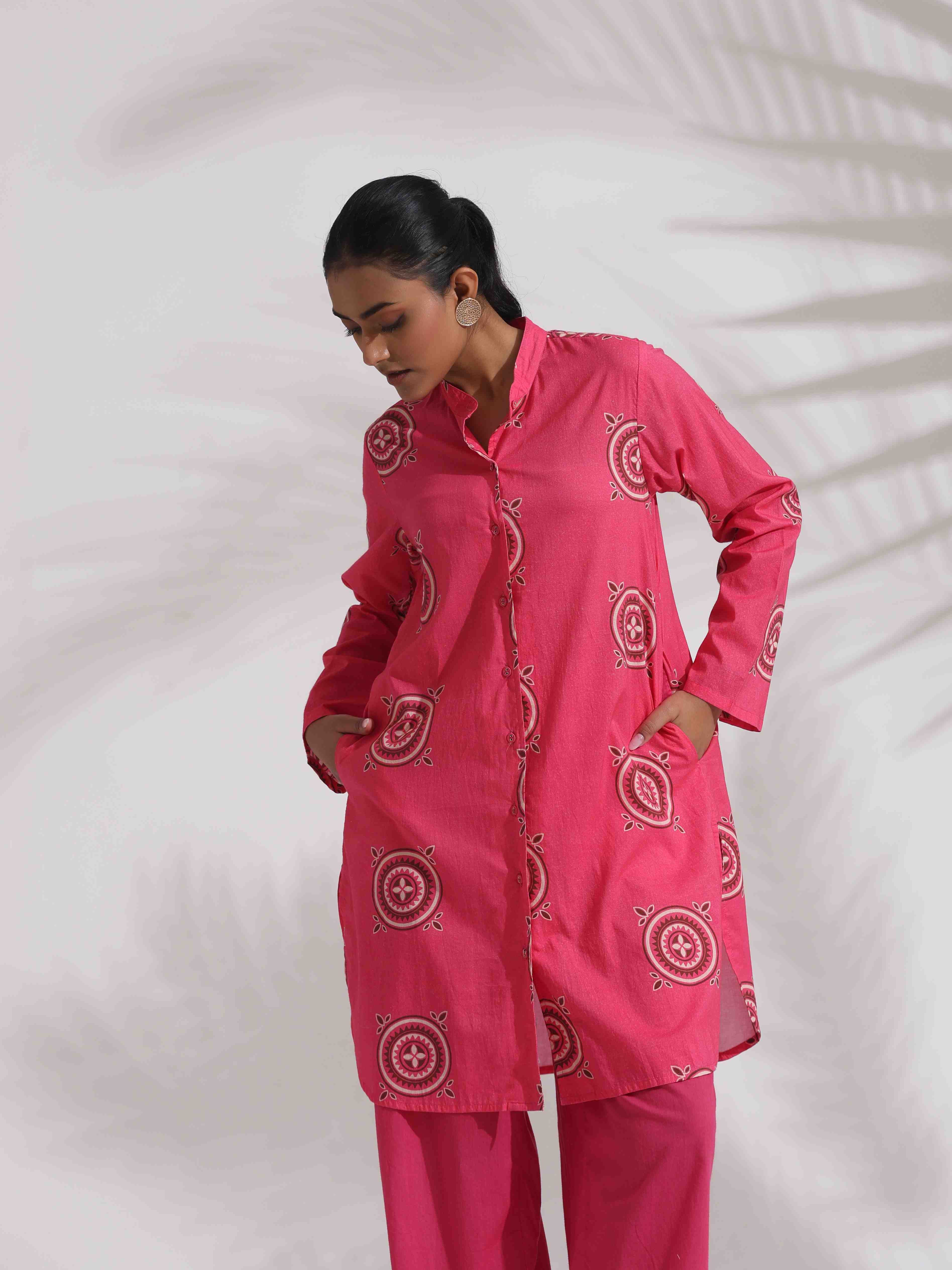 trueBrowns Pink Cotton Print Kurta Co-ord Set