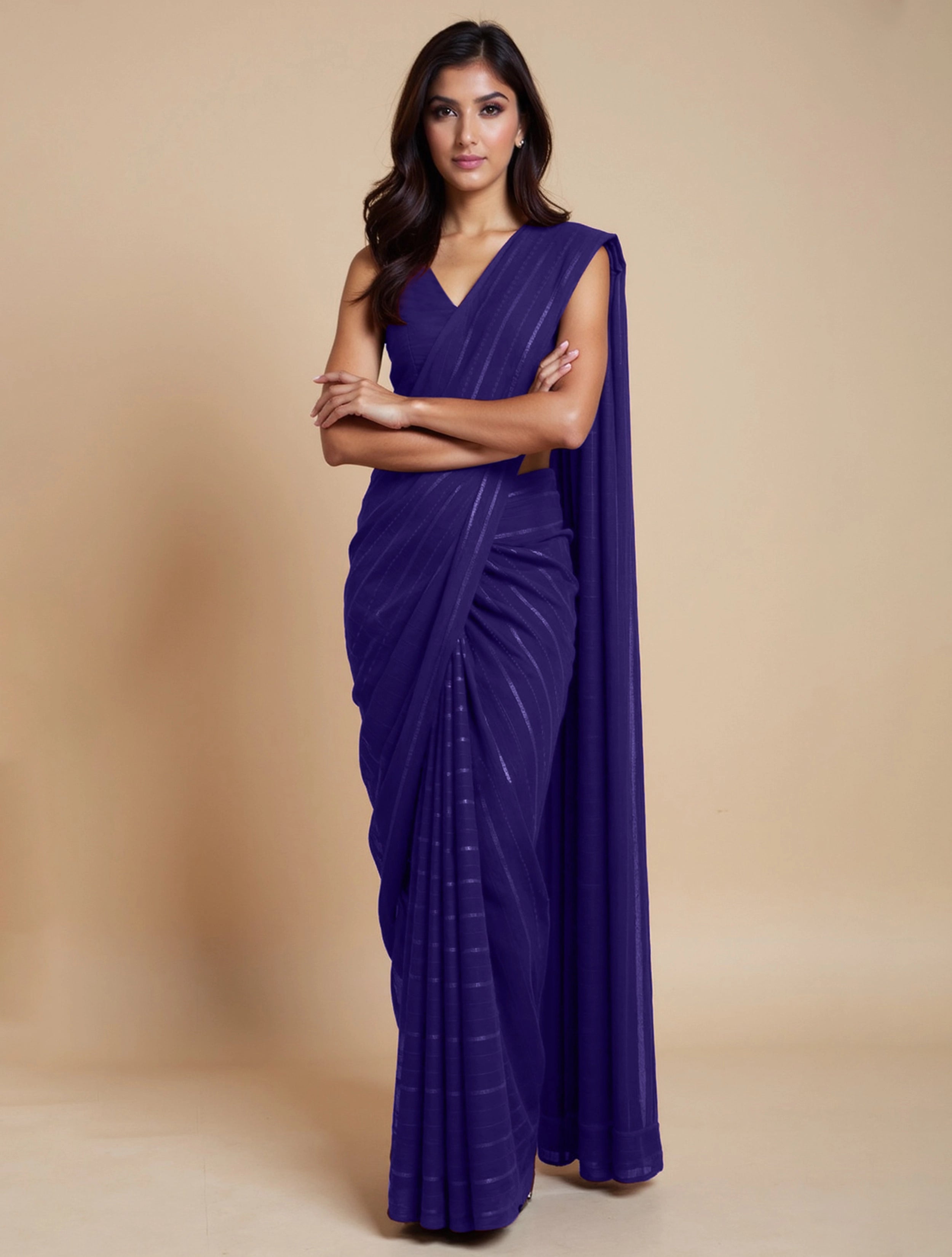 trueBrowns Purple Stripe Saree With Unstitched Blouse
