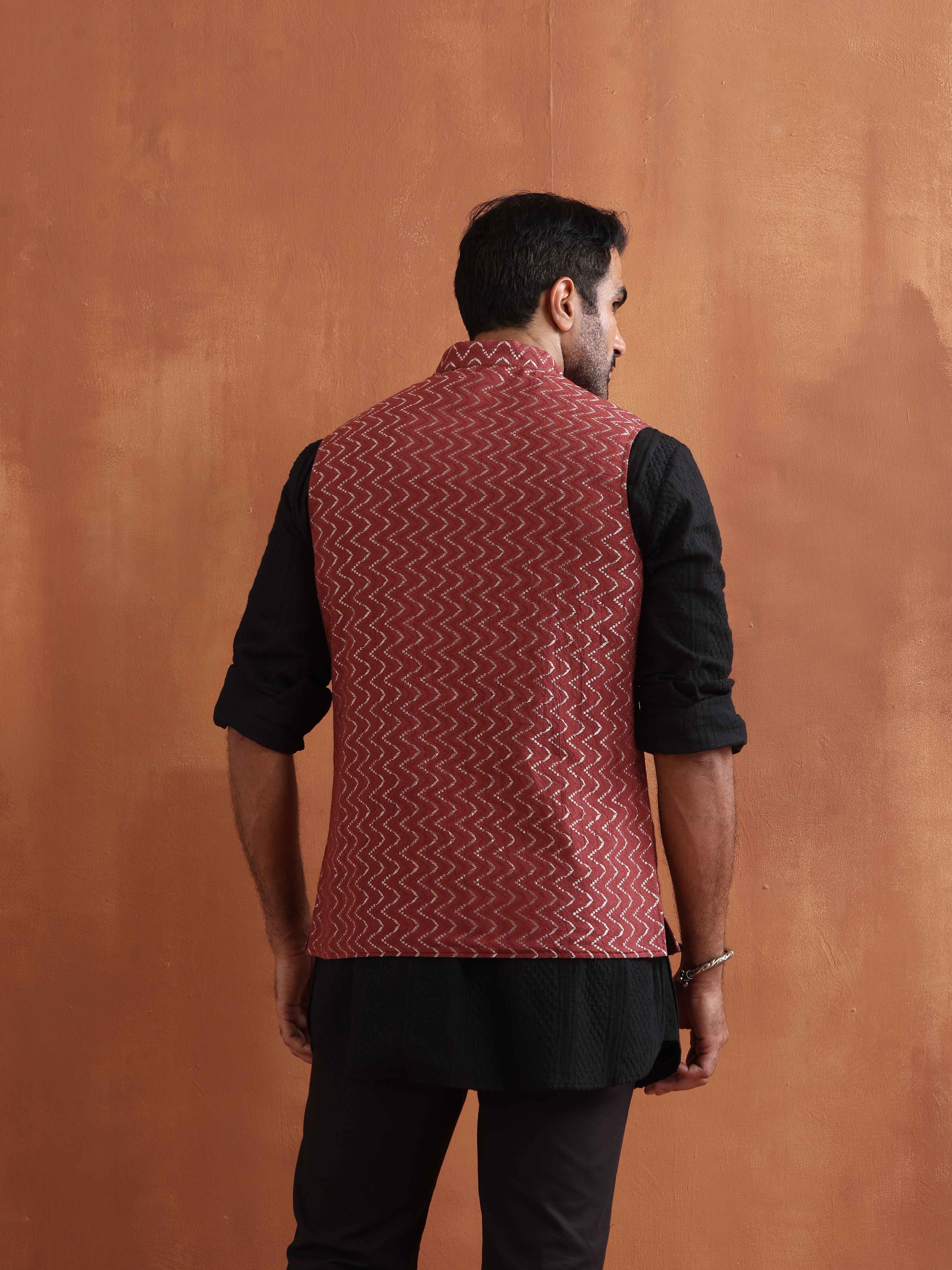 trueBrowns Men's Rust Cotton Dobby Nehru Jacket