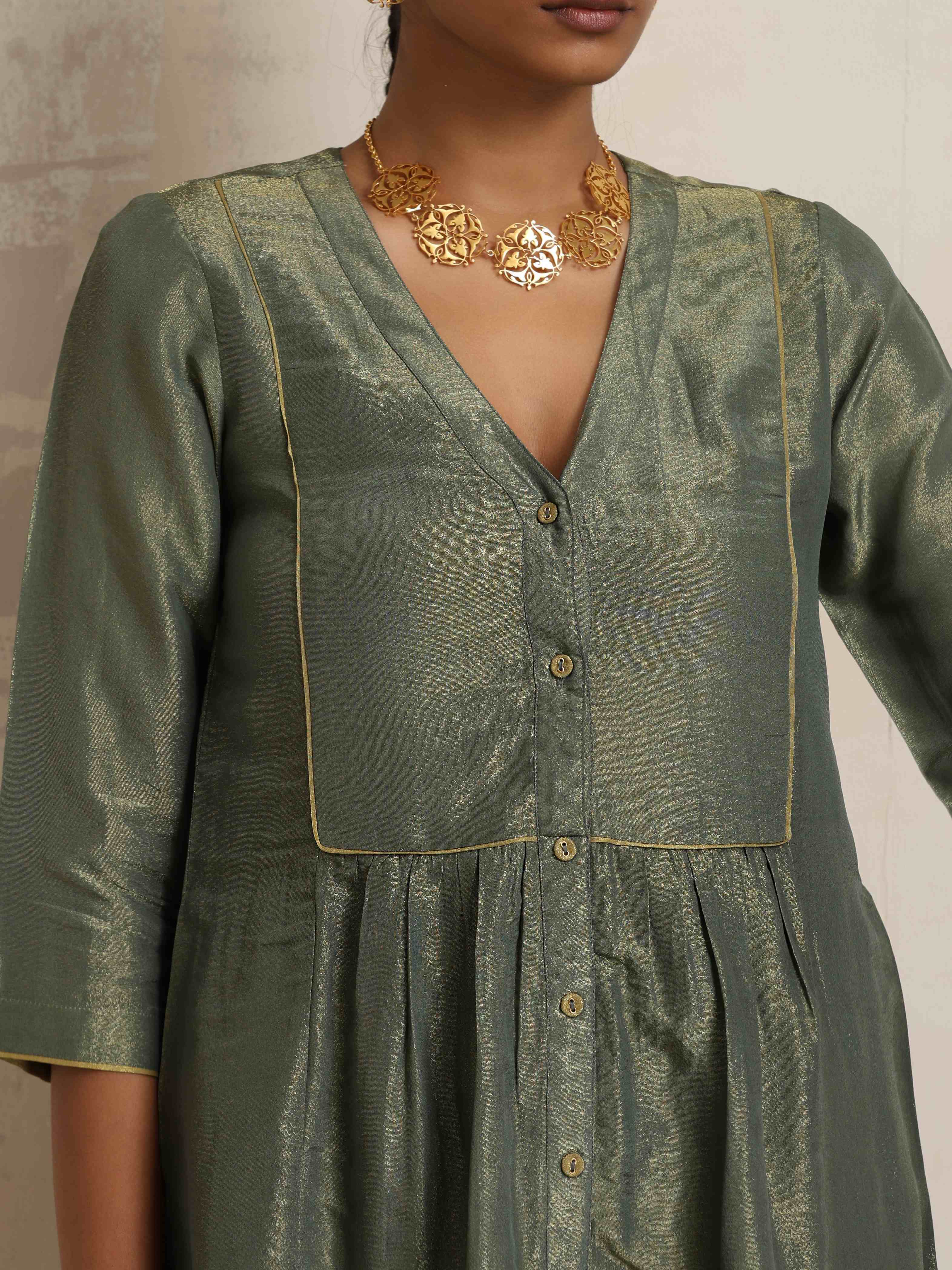 trueBrowns Green Tissue A-line Kurta Set