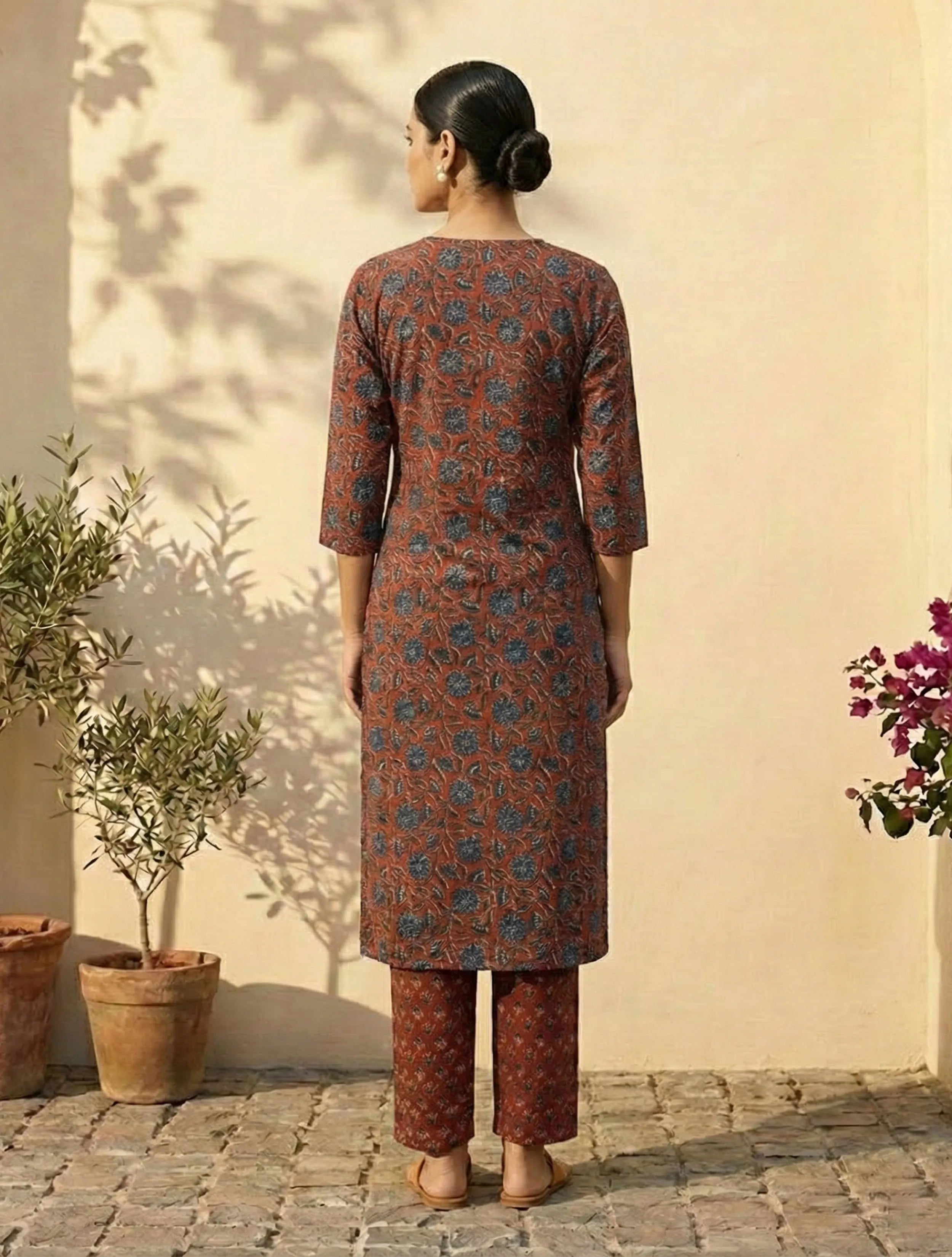 trueBrowns Rust Floral Print Embroidered V-Neck Kurta Pant Dupatta Set