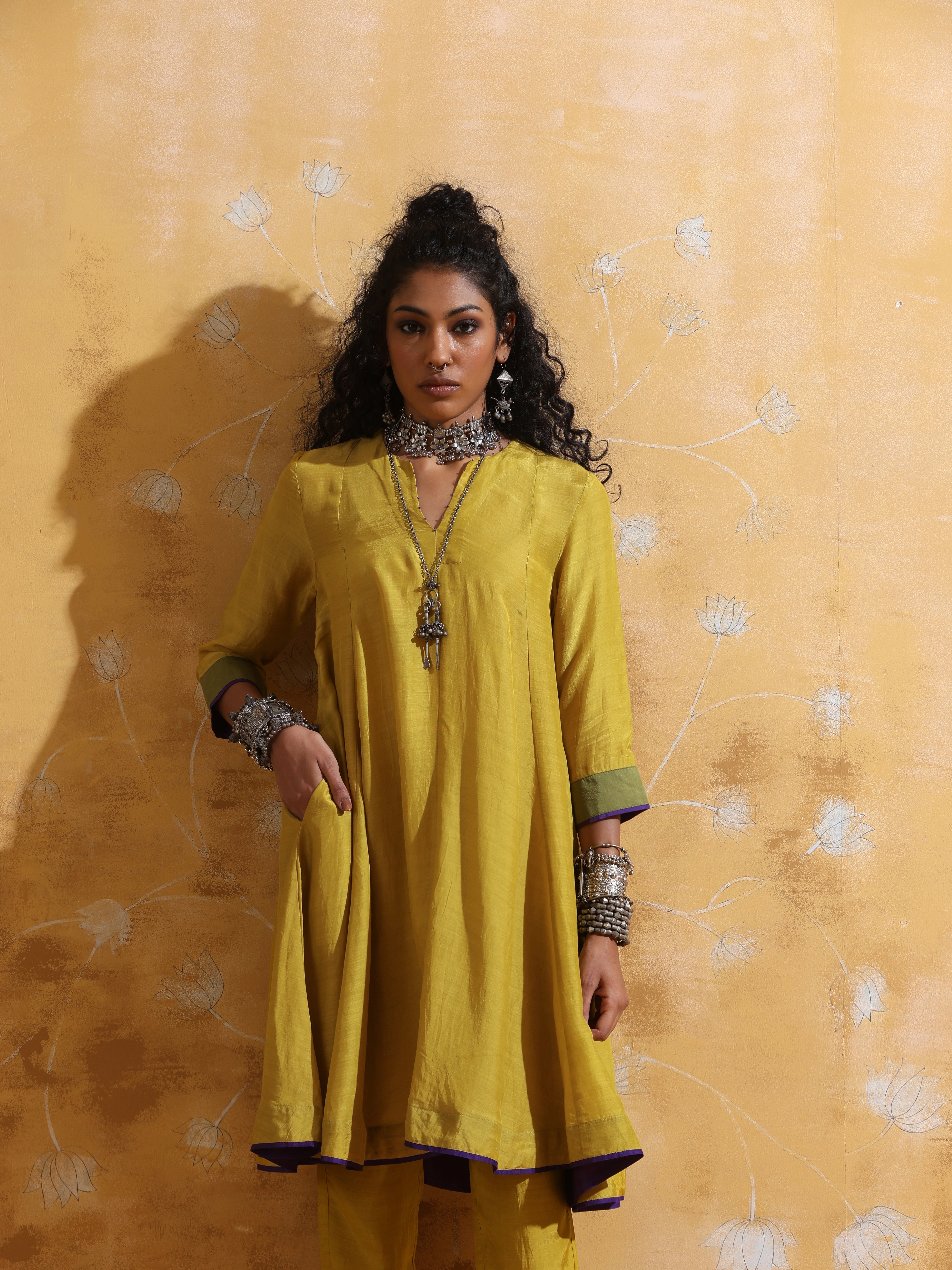 trueBrowns Lime Muslin Silk Flared Kurta Co-ord Set