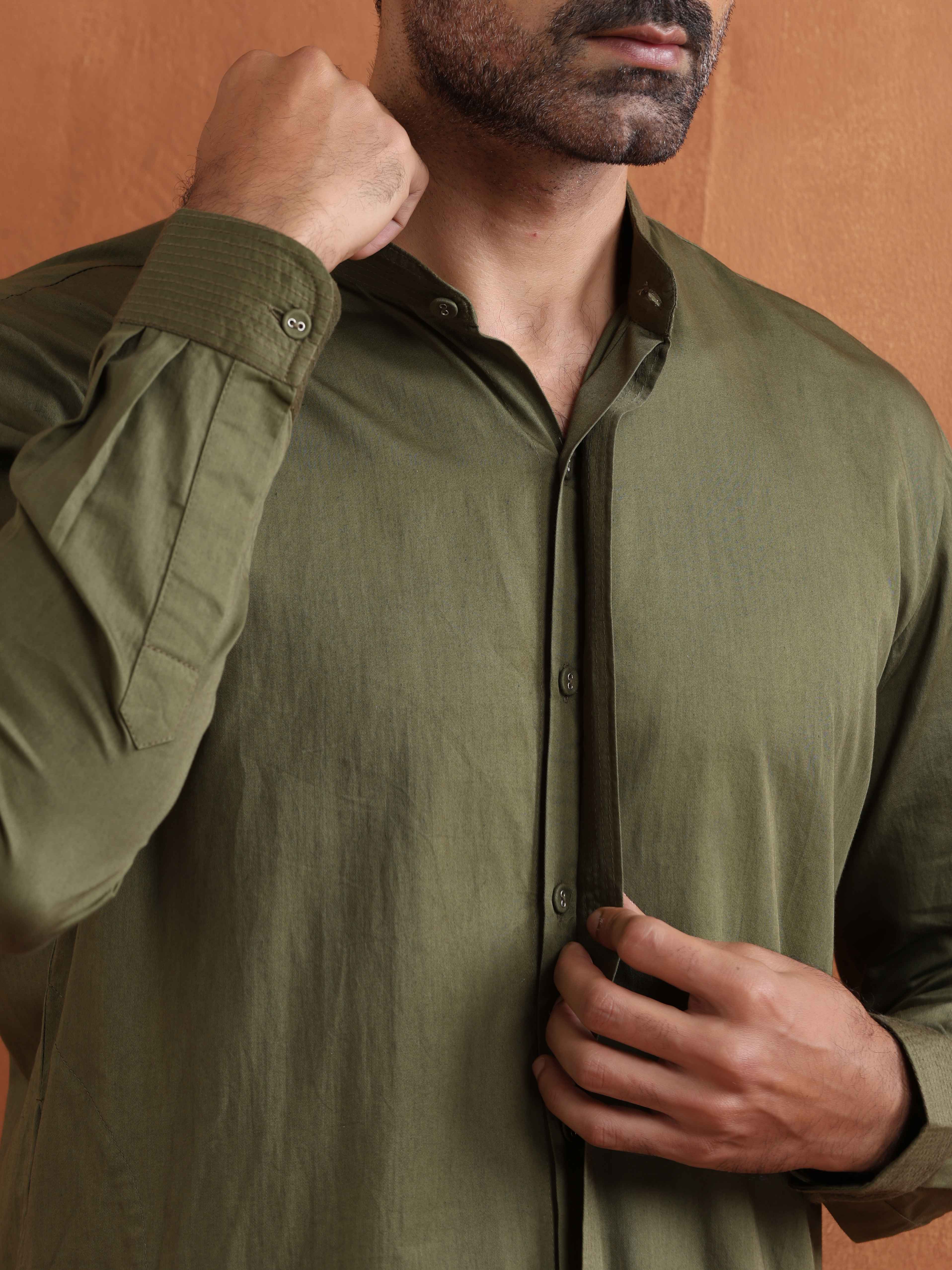 trueBrowns Men's Olive Green Cotton Front Open Kurta