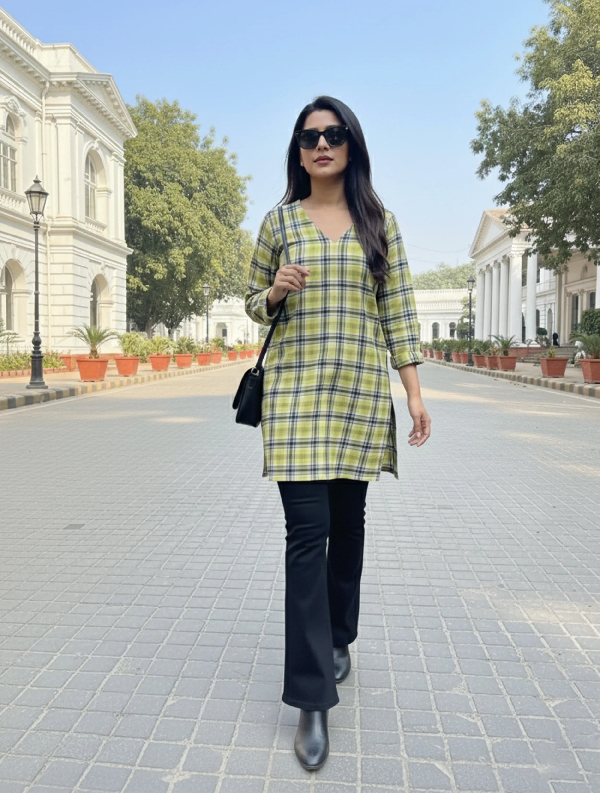 trueBrowns Lime Check High Slit Kurta