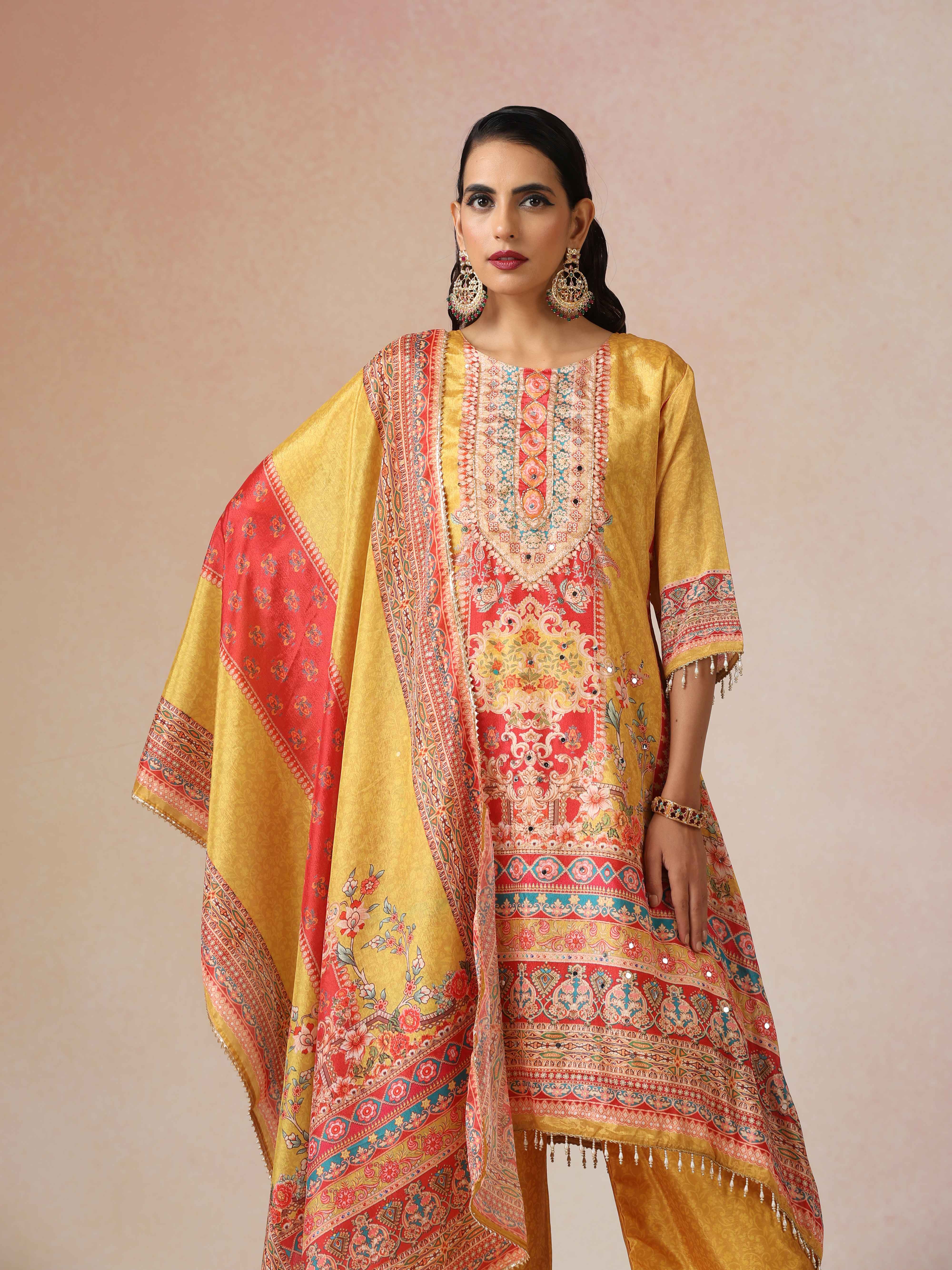 trueBrowns Yellow Print A-Line Kurta 3pc Set