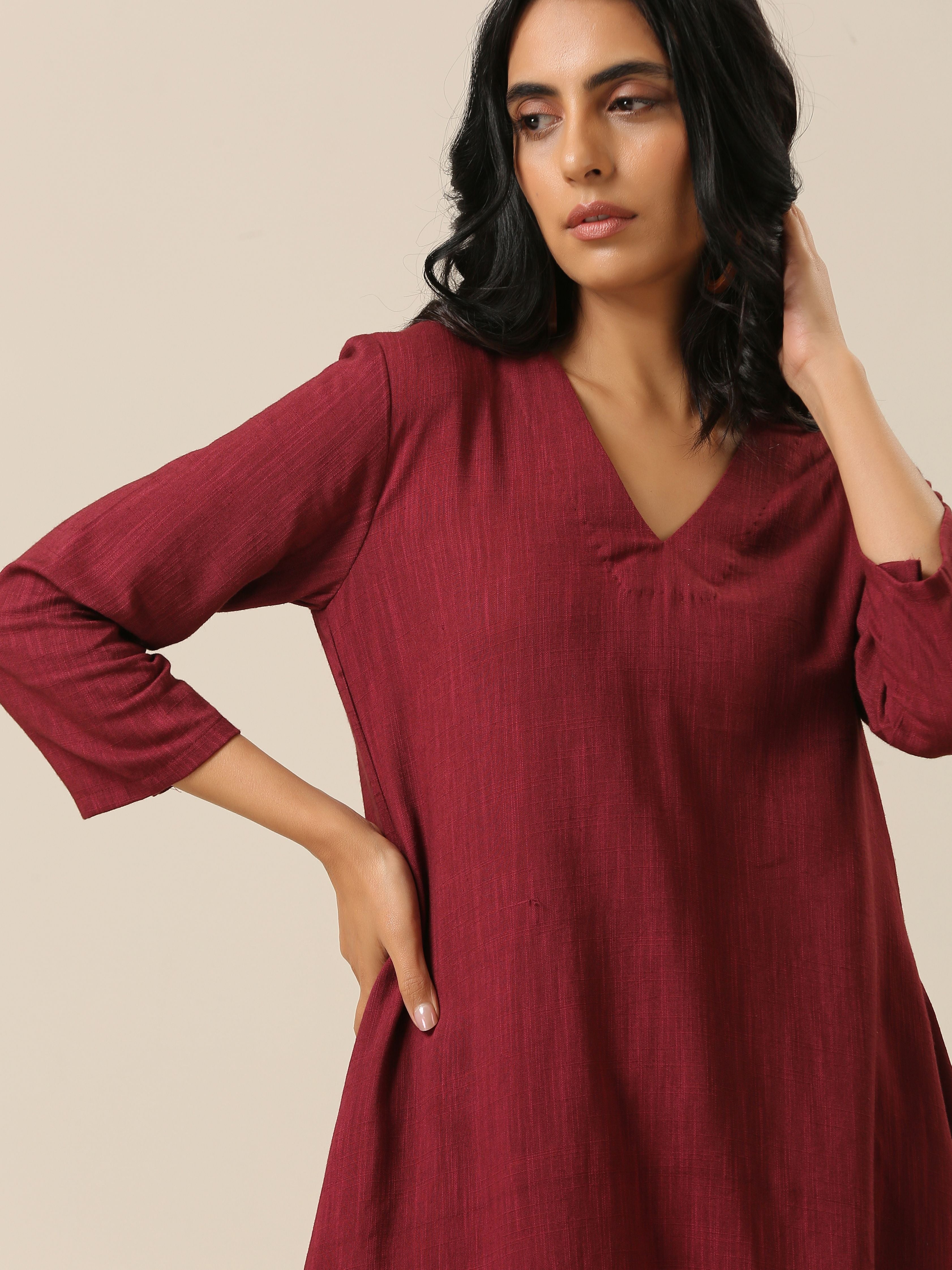 Ruby Wine Slub Texture Back Pleat Kurta Pant Set