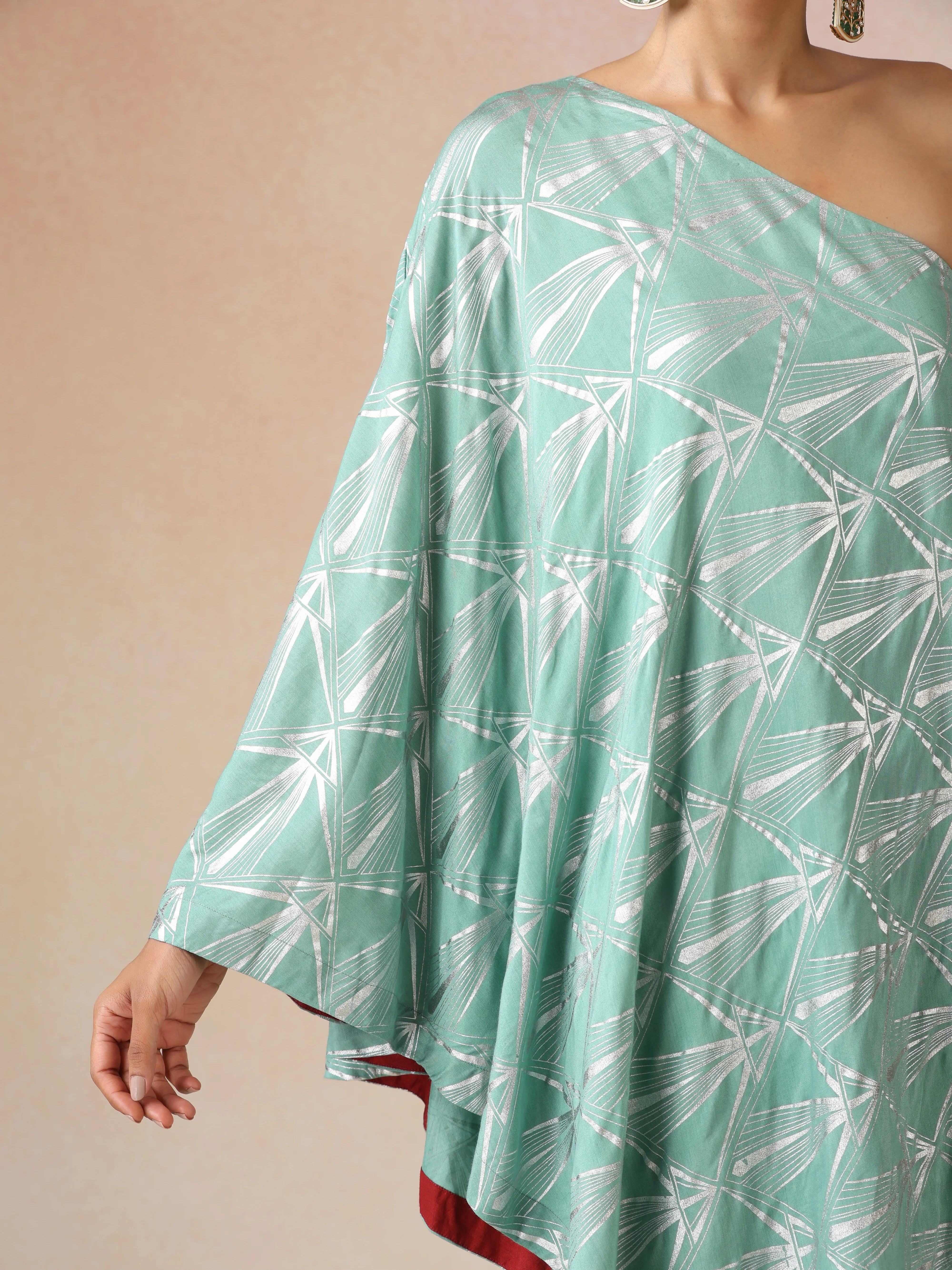 trueBrowns Mint Green Silver Foil Print Muslin Silk Asymmetric One-Shoulder Kurta Co-ord Set