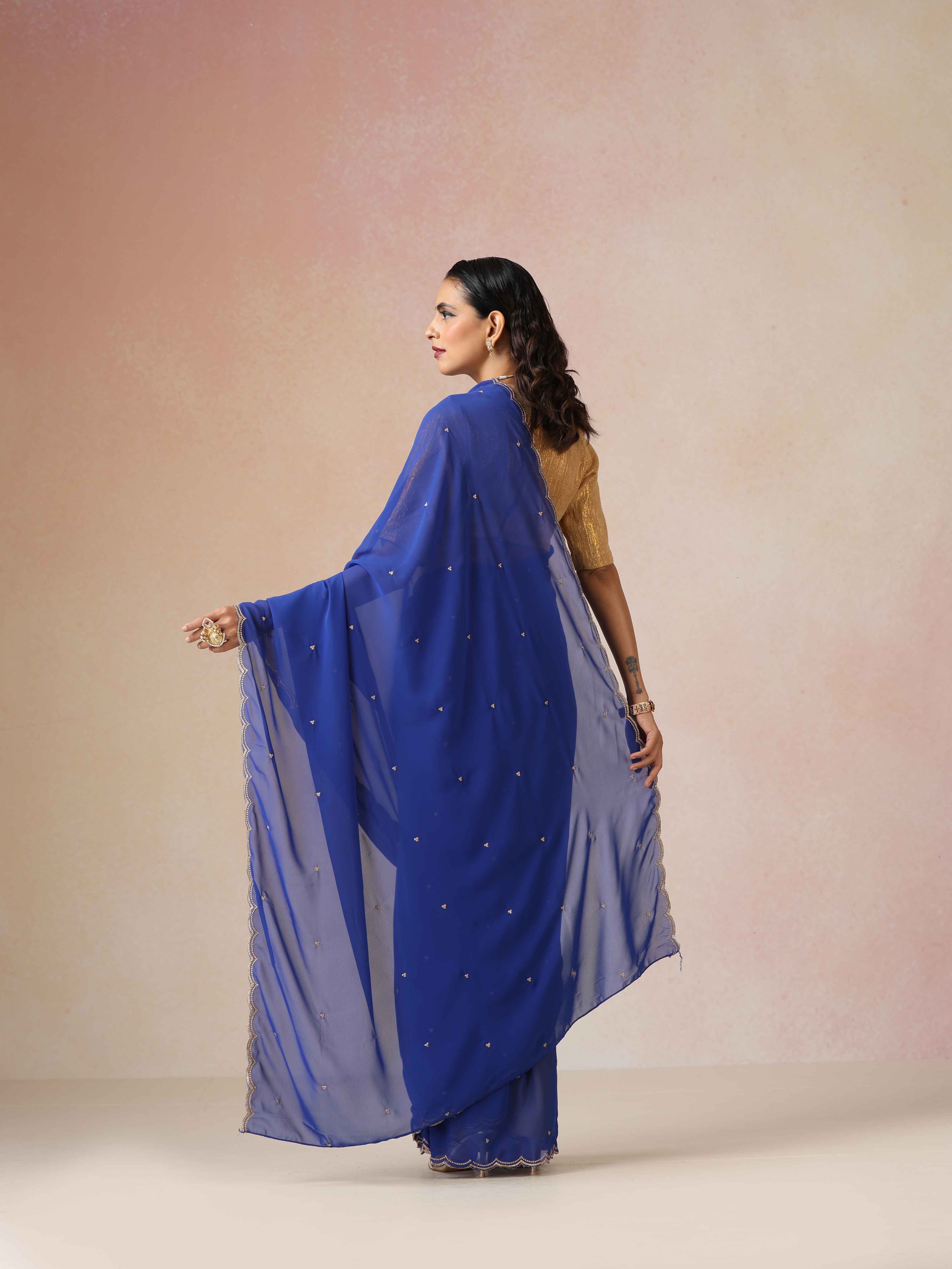 trueBrowns Blue Georgette Embroidered Saree With unstitched Blouse