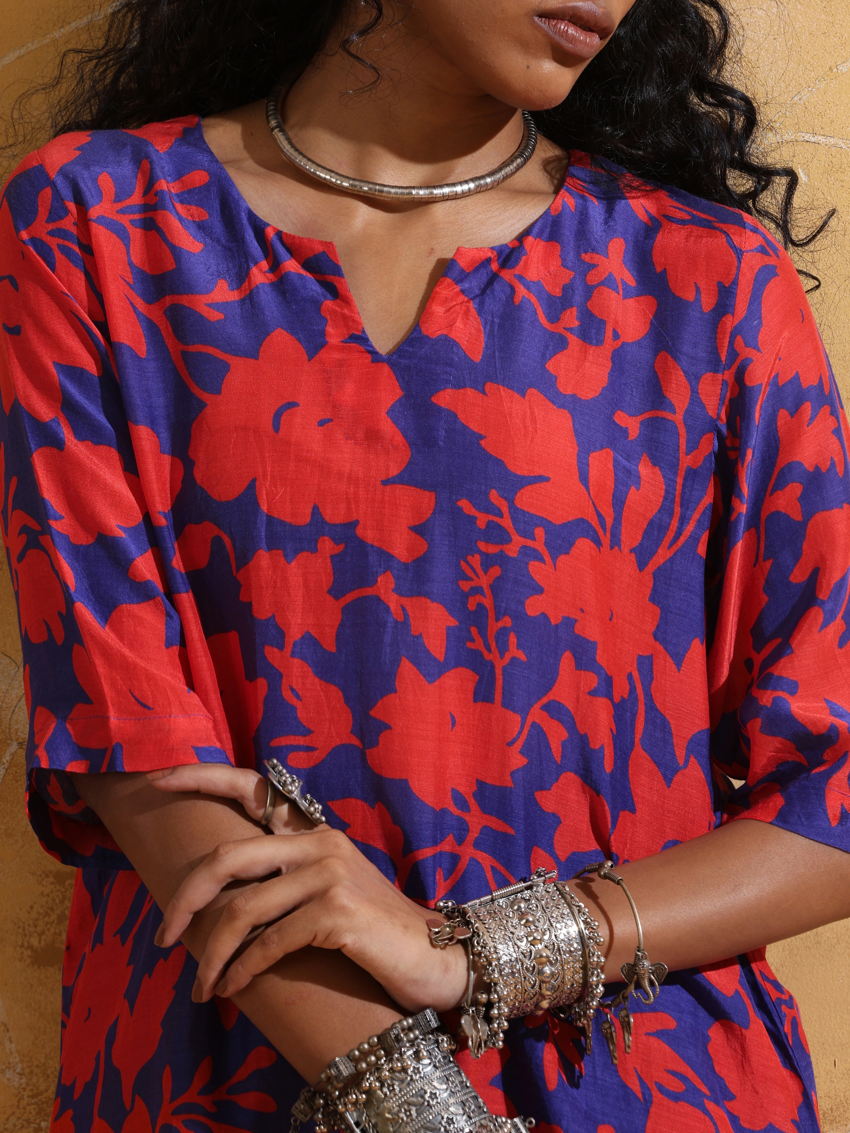 trueBrowns Purple Red Jaal Print Muslin Silk Dhoti Co-ord Set