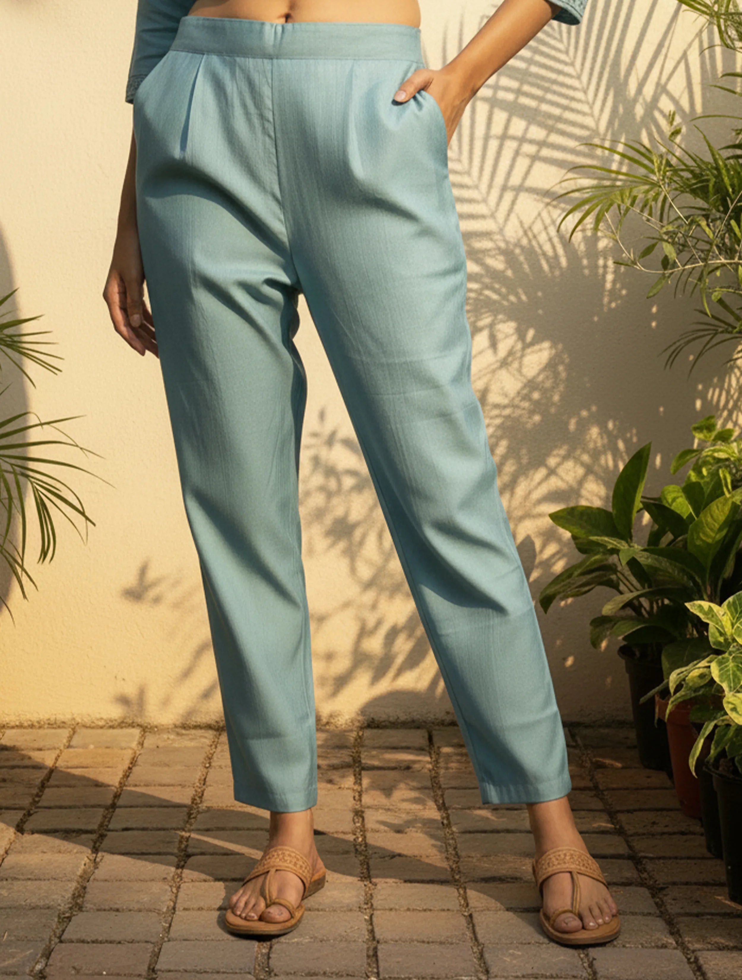 trueBrowns Light Blue Embroidered Straight Kurta Pant Dupatta Set