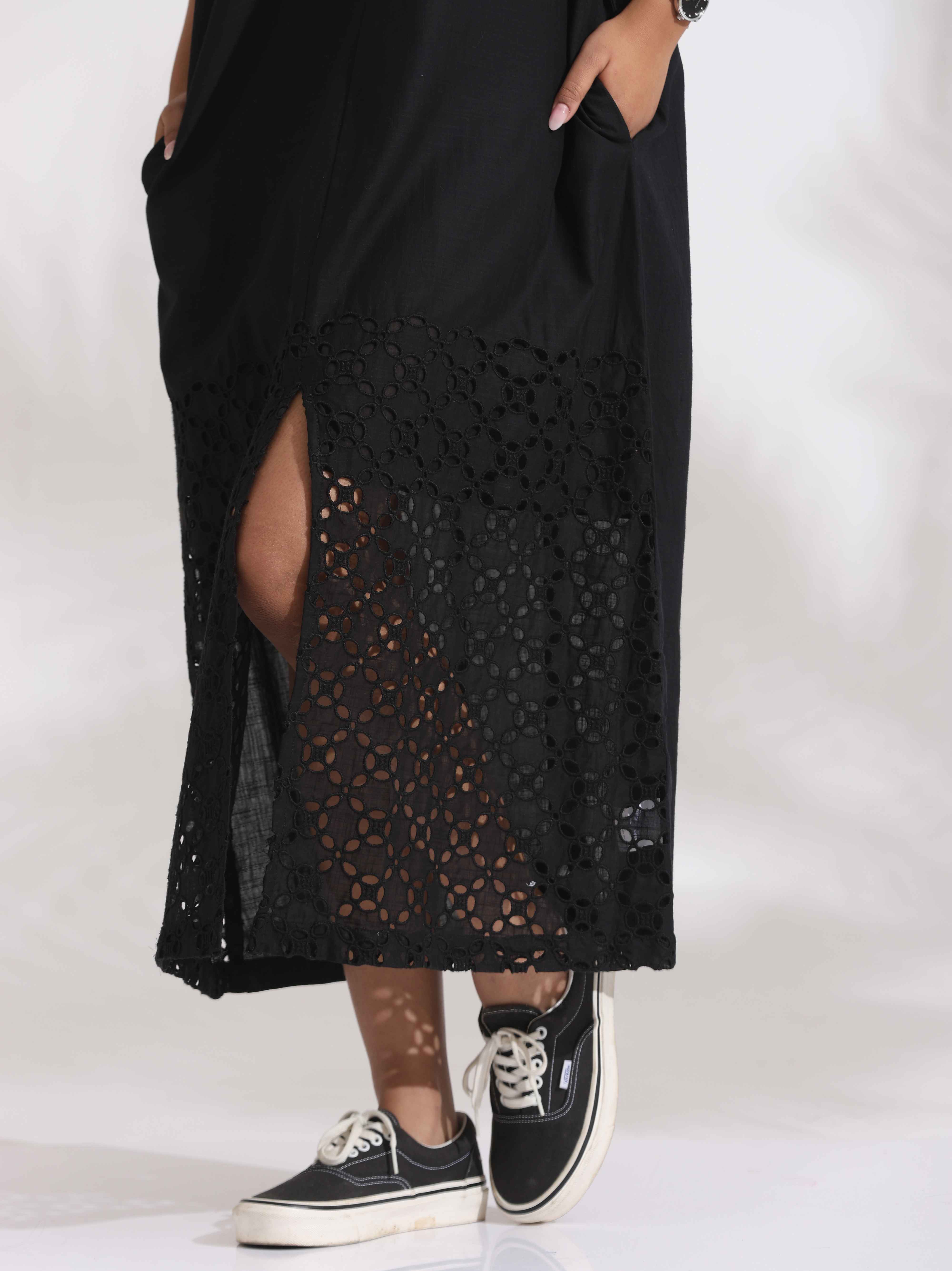 trueBrowns Black Cotton Schiffli Slit Dress