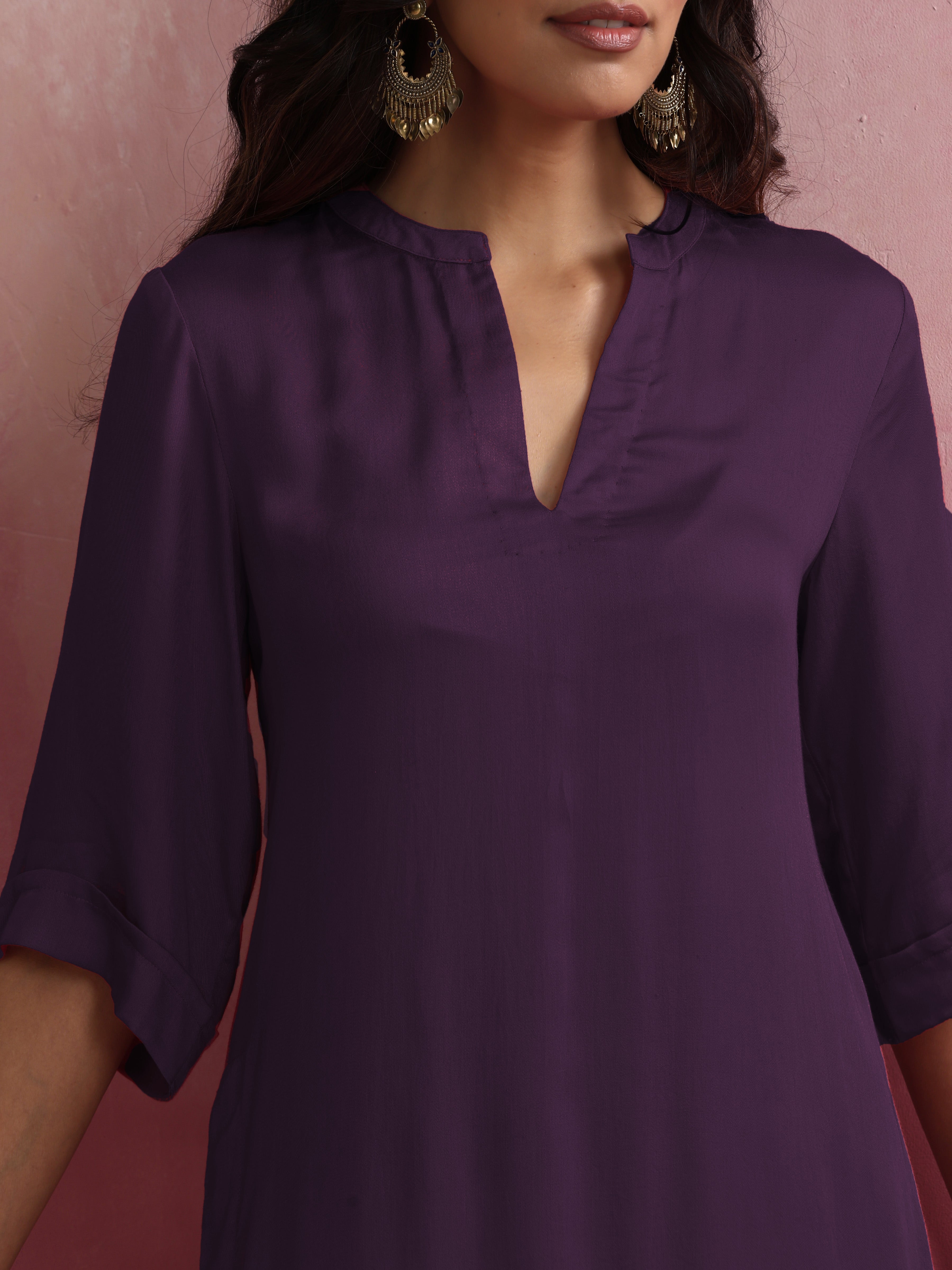 trueBrowns Purple Modal Straight Fit Kurta Set