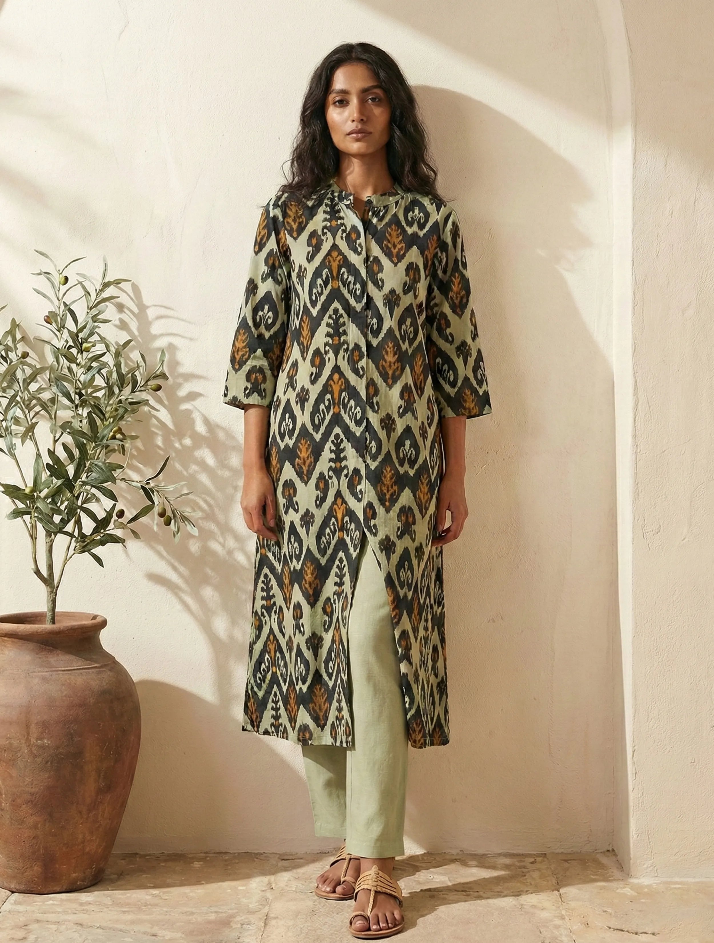 trueBrowns Mint Green Ikat Print Cotton Kurta Set