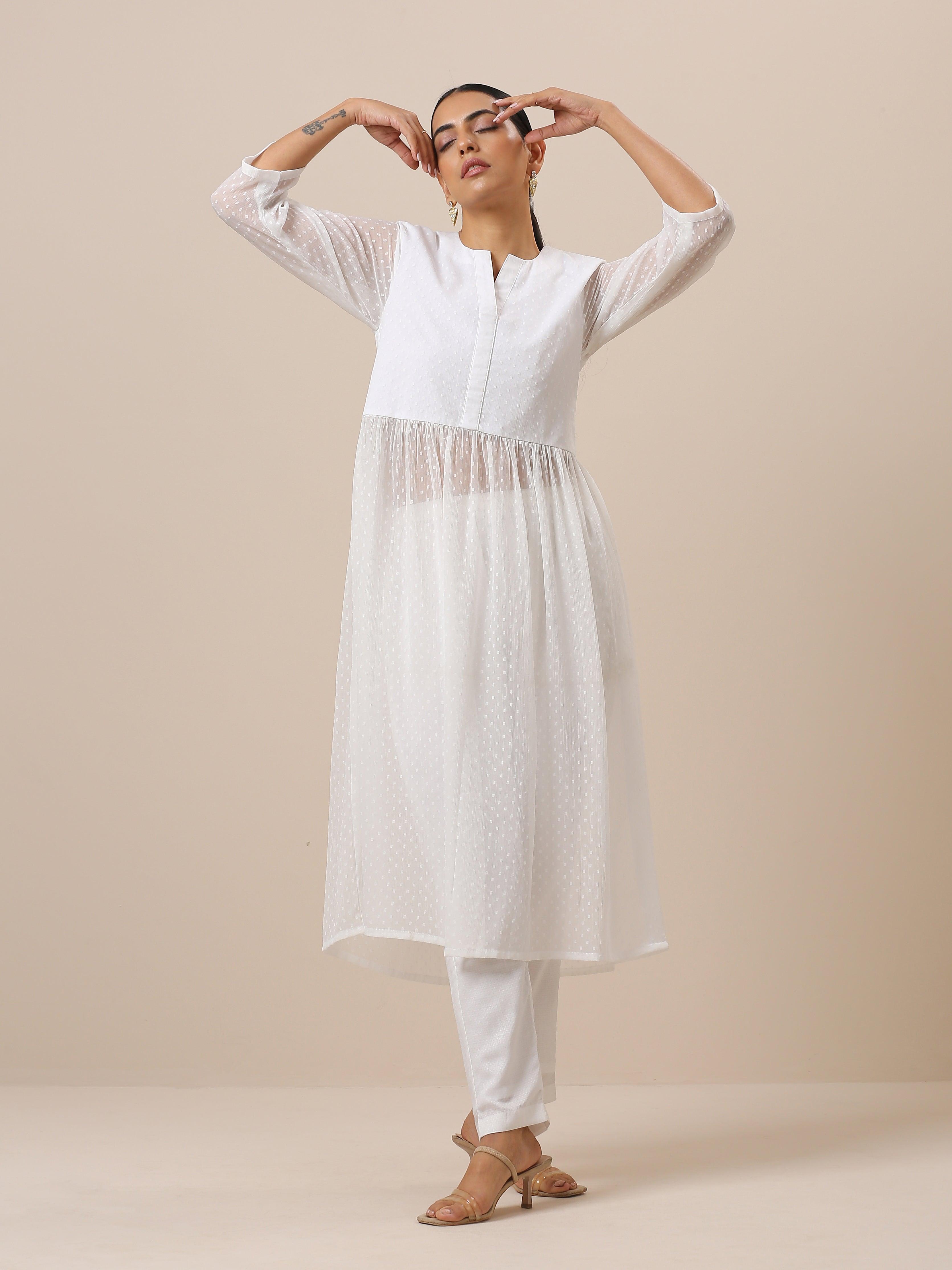 Chiffon White Dobby Flared Kurta Pant Set - trueBrowns