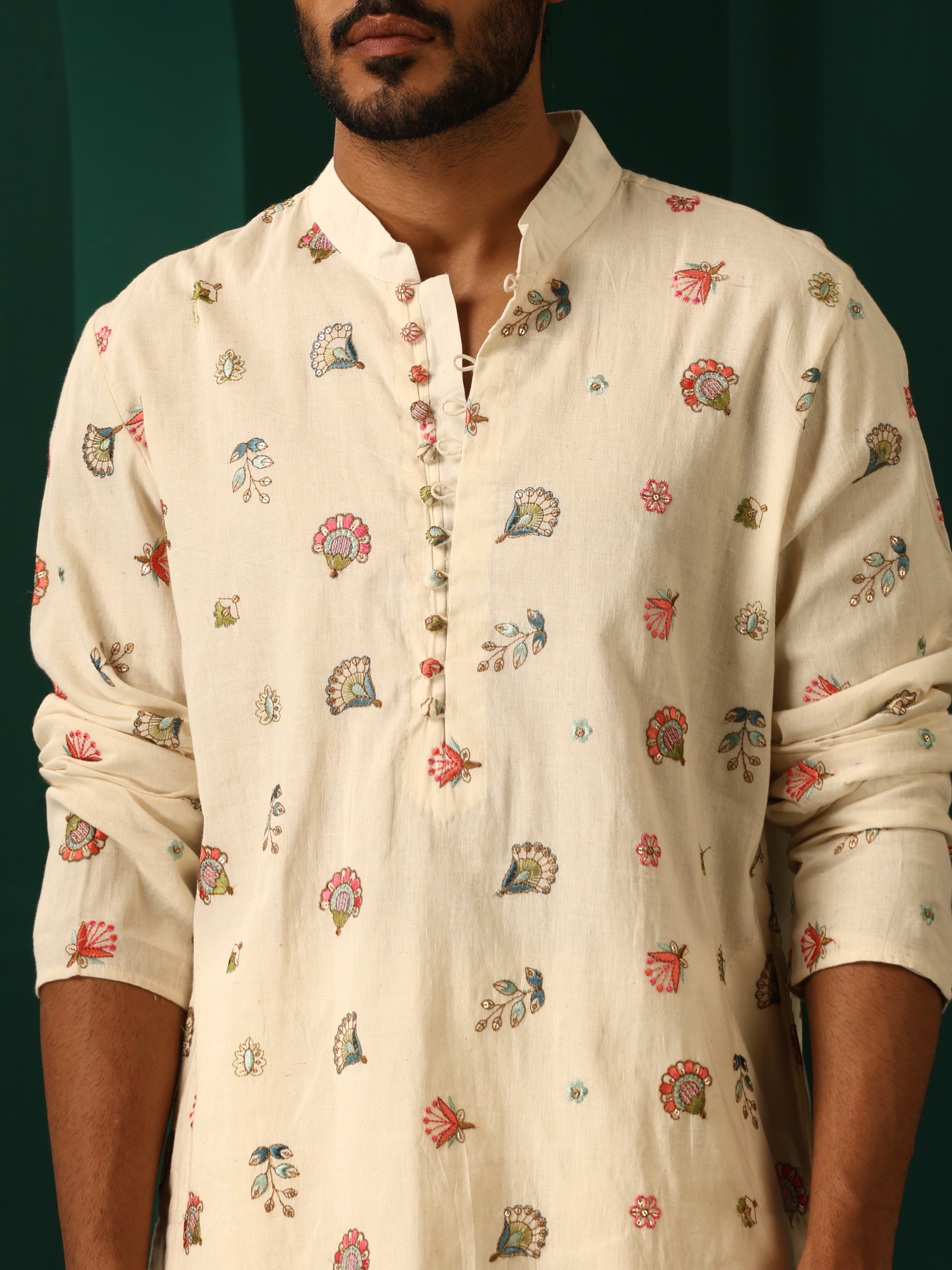 trueBrowns Men Ivory Floral Embroidered Co-ord Set