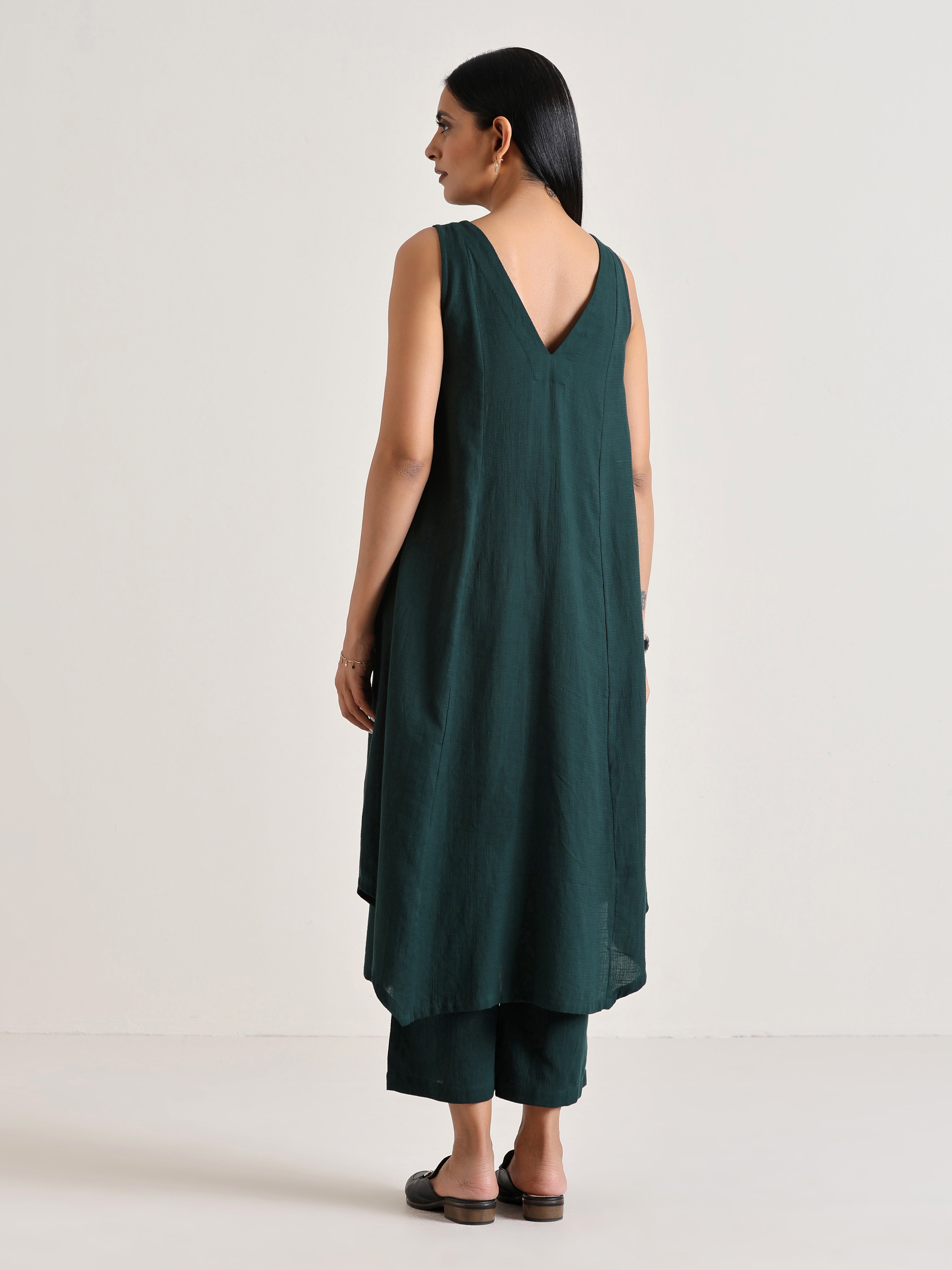 Dark Green Sleeveless Flared Kurta Pant Set