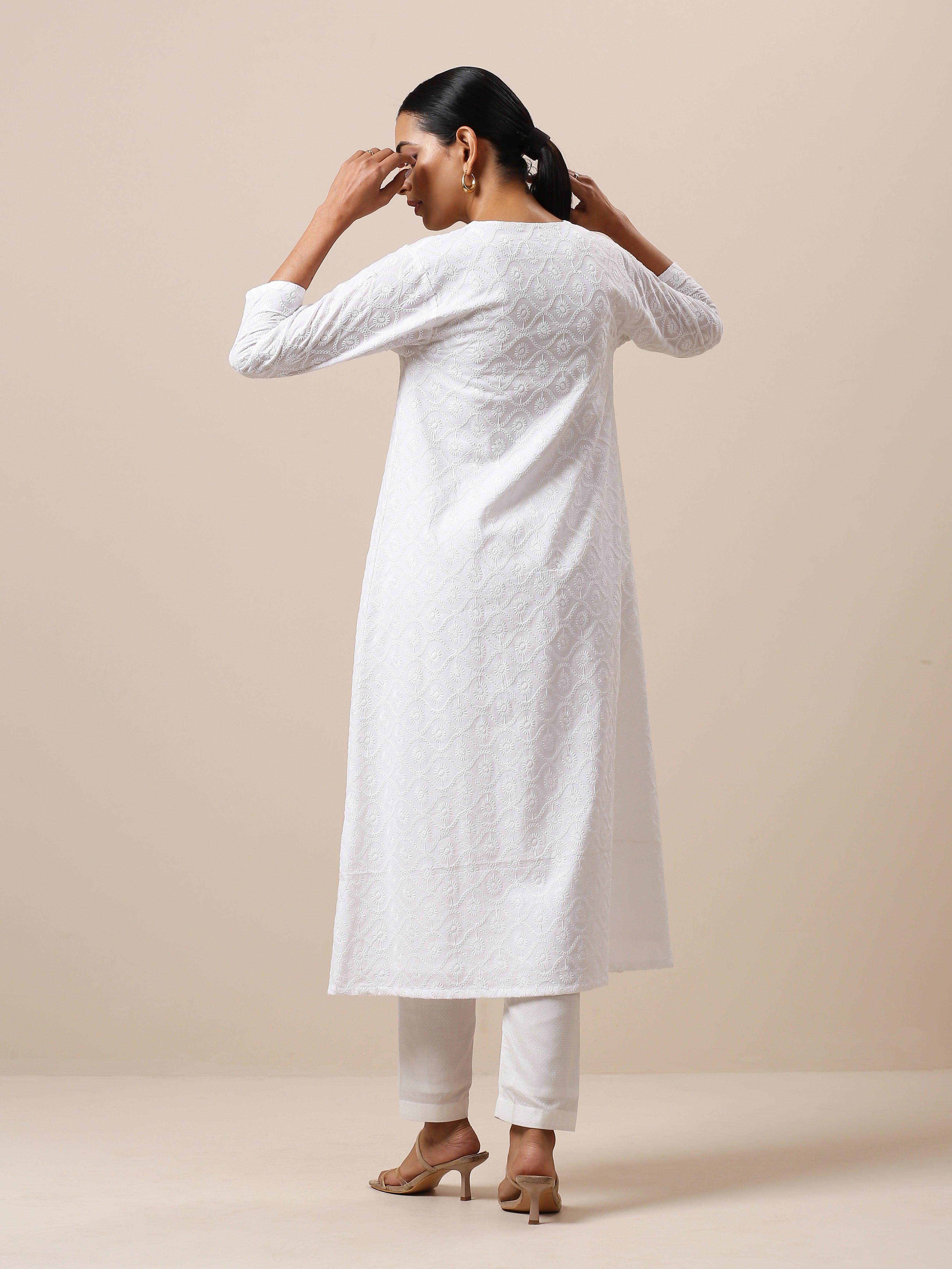 Cotton White Embroidered Flared Kurta Pant Set - trueBrowns