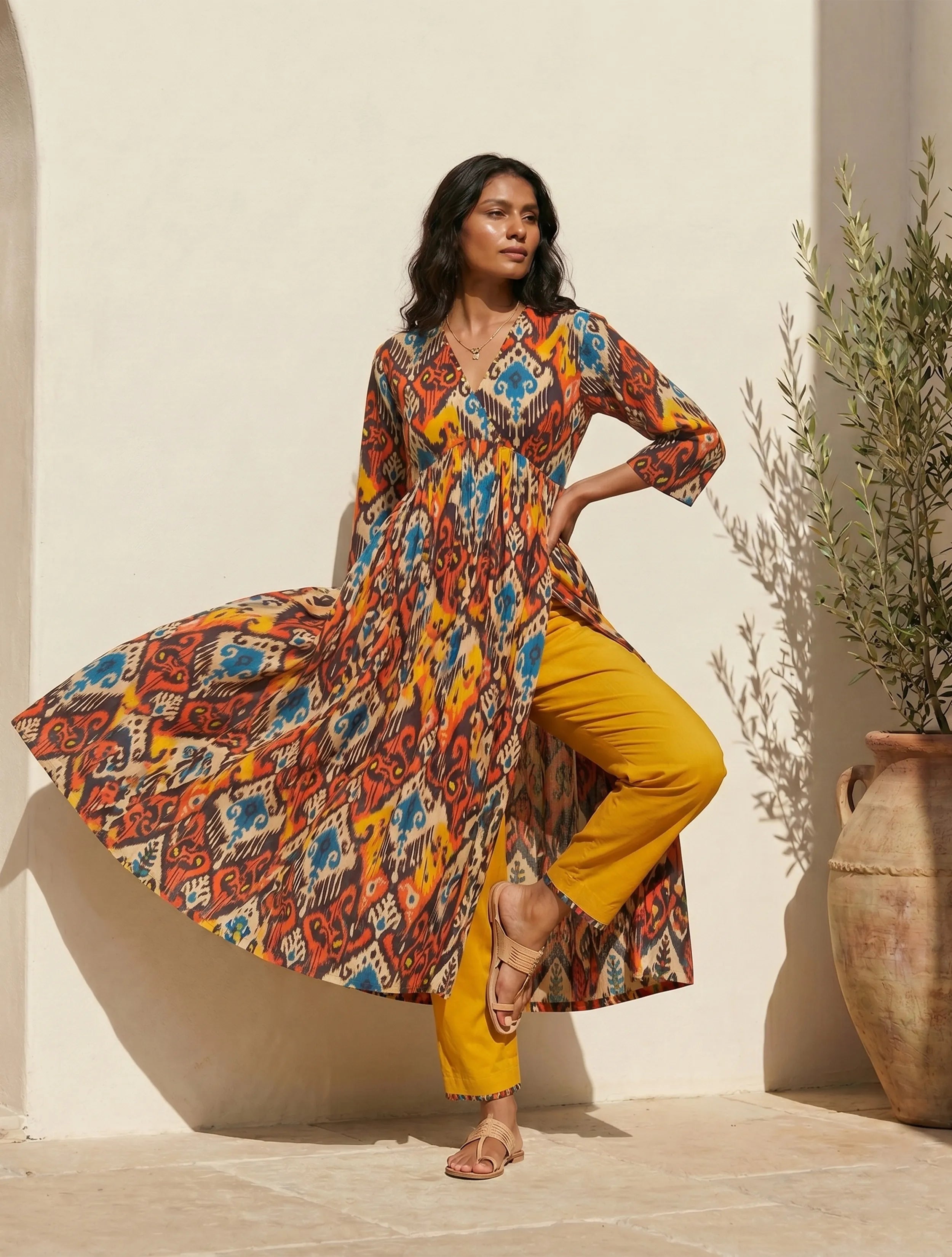 trueBrowns Multicolour Ikat Print Cotton Anarkali High-Slit Kurta Set