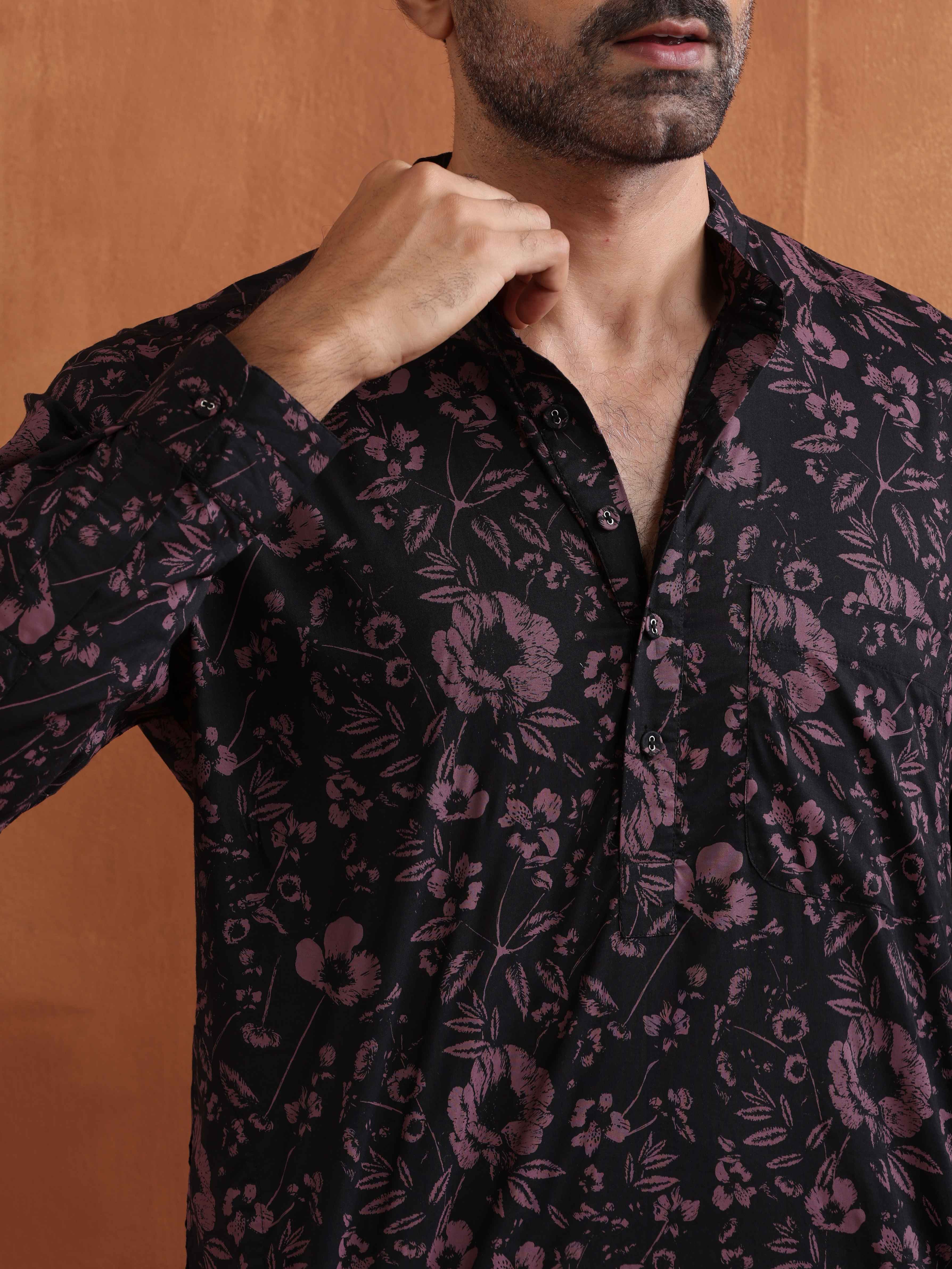 trueBrowns Men's Black Floral Printed Short Kurta
