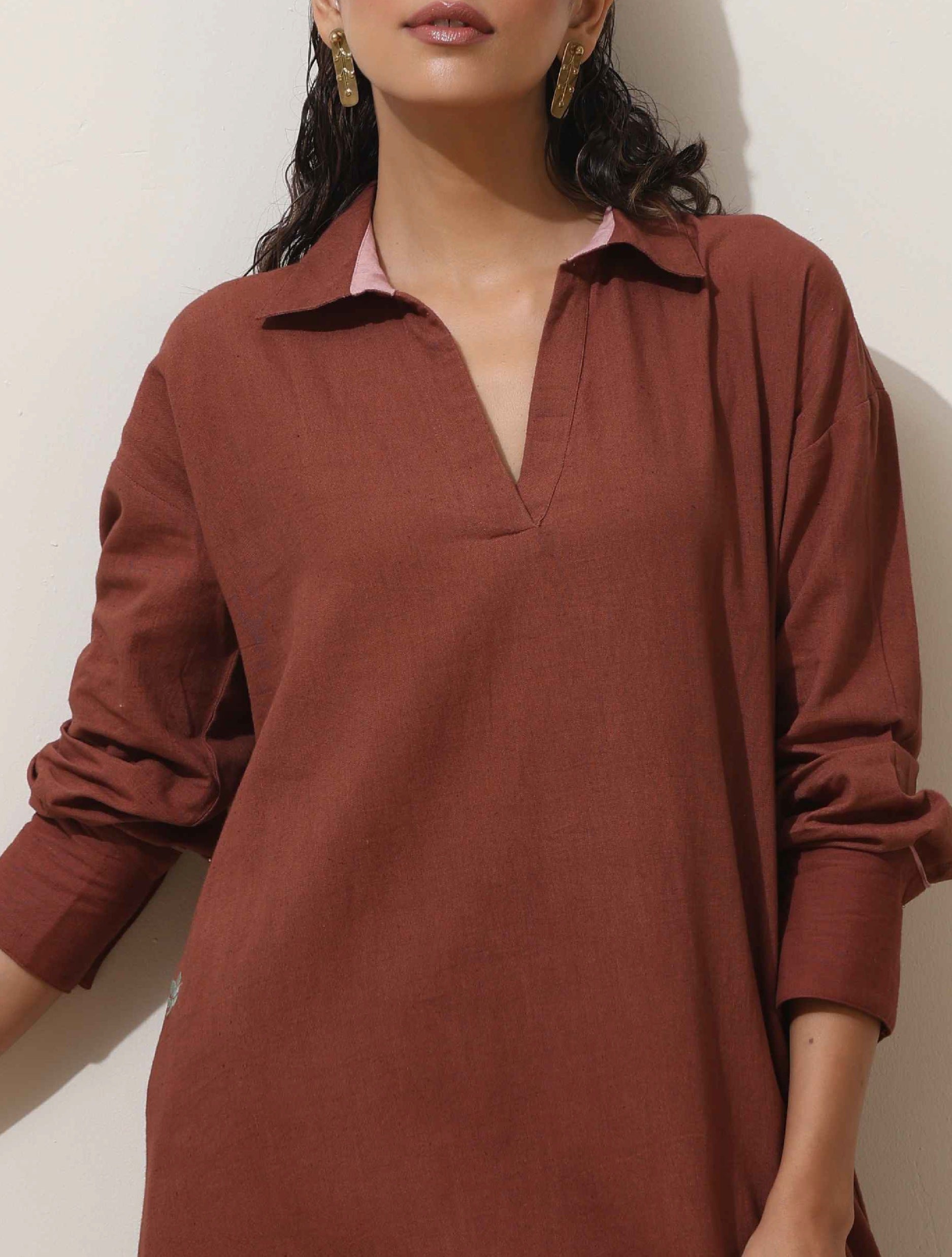 trueBrowns Brown Cotton Linen Kurta Pant Set