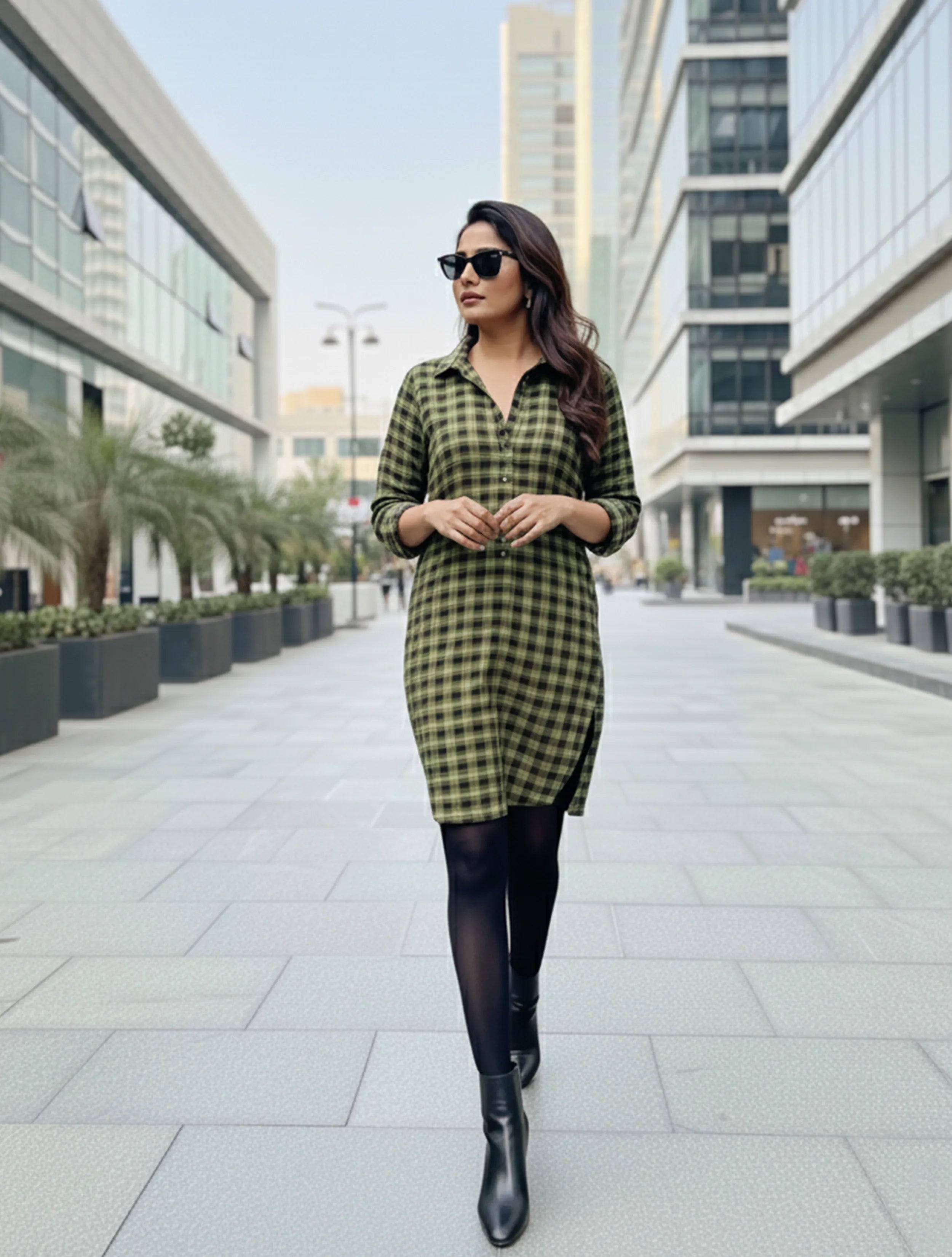 trueBrowns Green Black Check Short Kurta