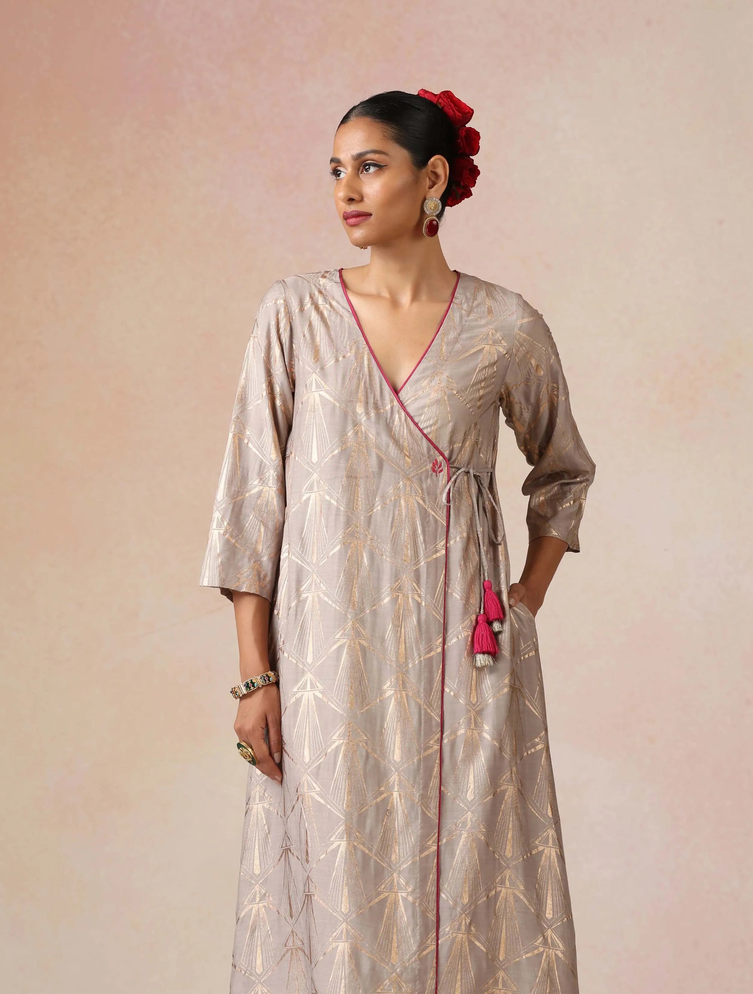 trueBrowns Grey Rose-Gold Foil Print Angrakha Kurta Set