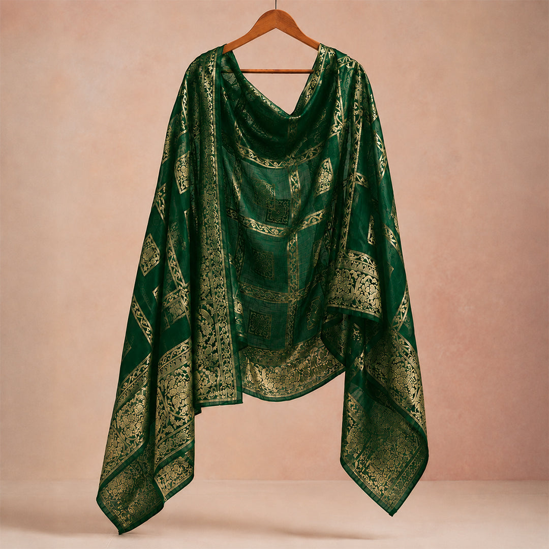 trueBrowns Green Gold Weave Banarasi Dupatta