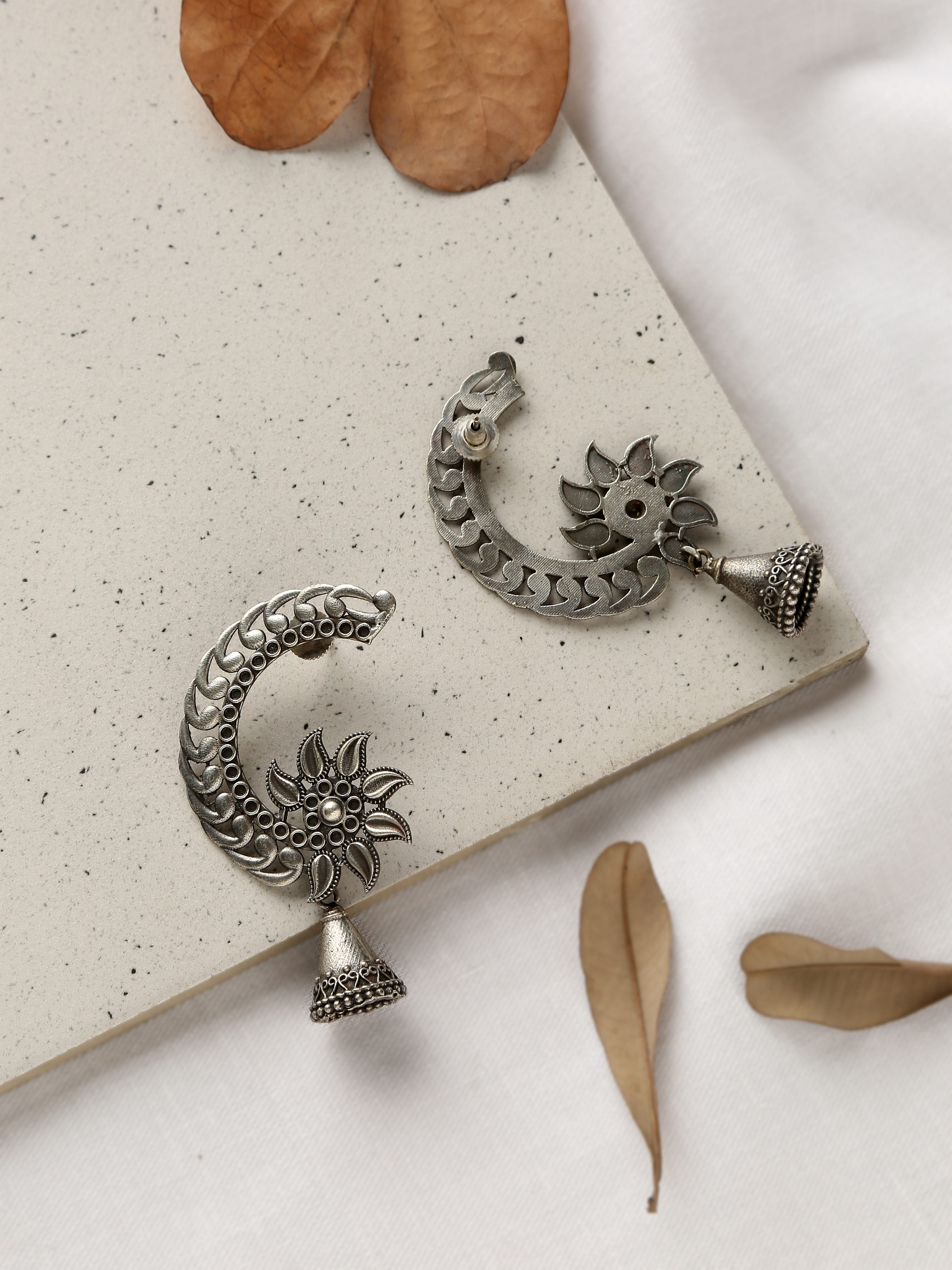 Silver-Plated Crescent Jhumka Earrings