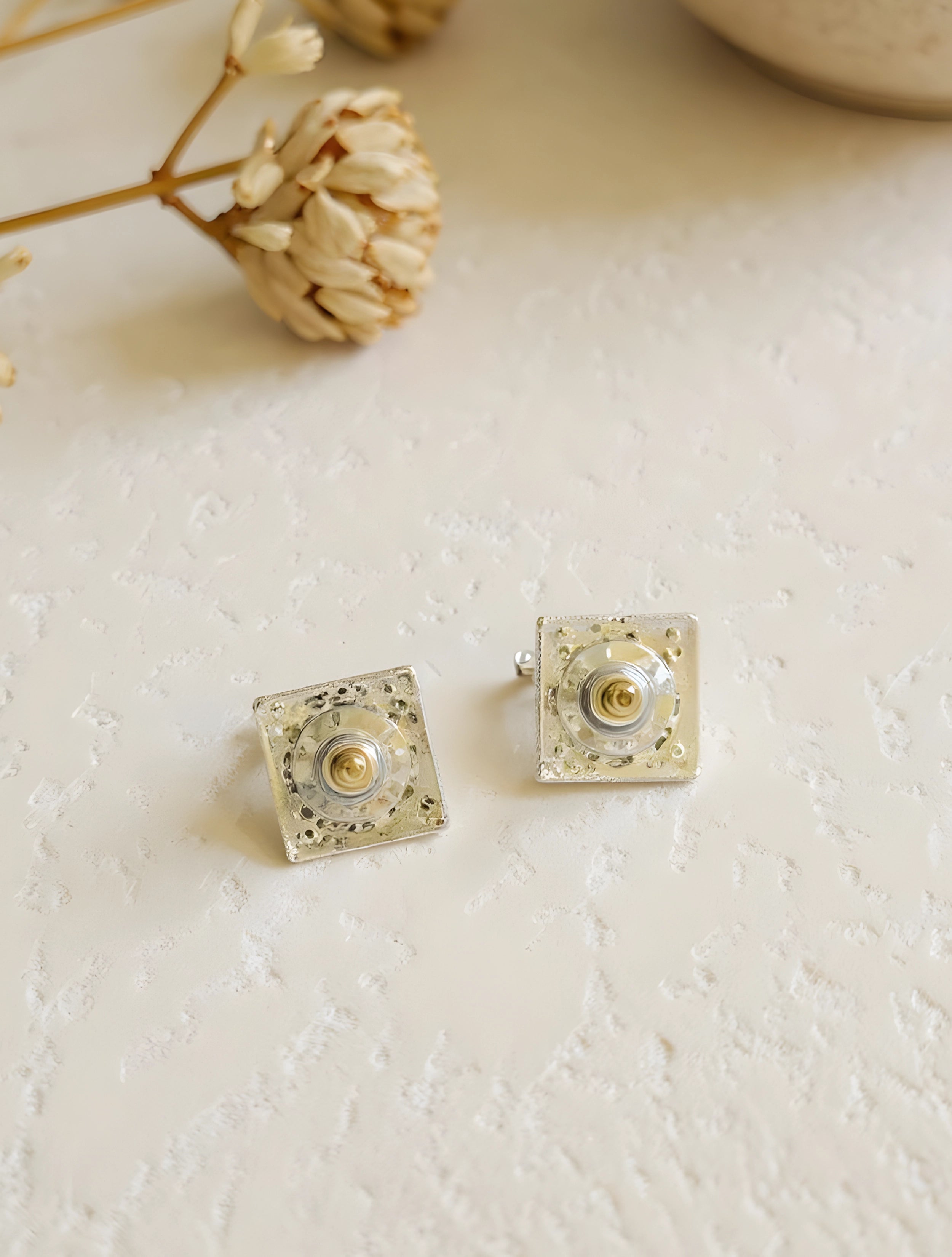 trueBrowns Sliver Toned Rectangle Pearl Stud Earrings
