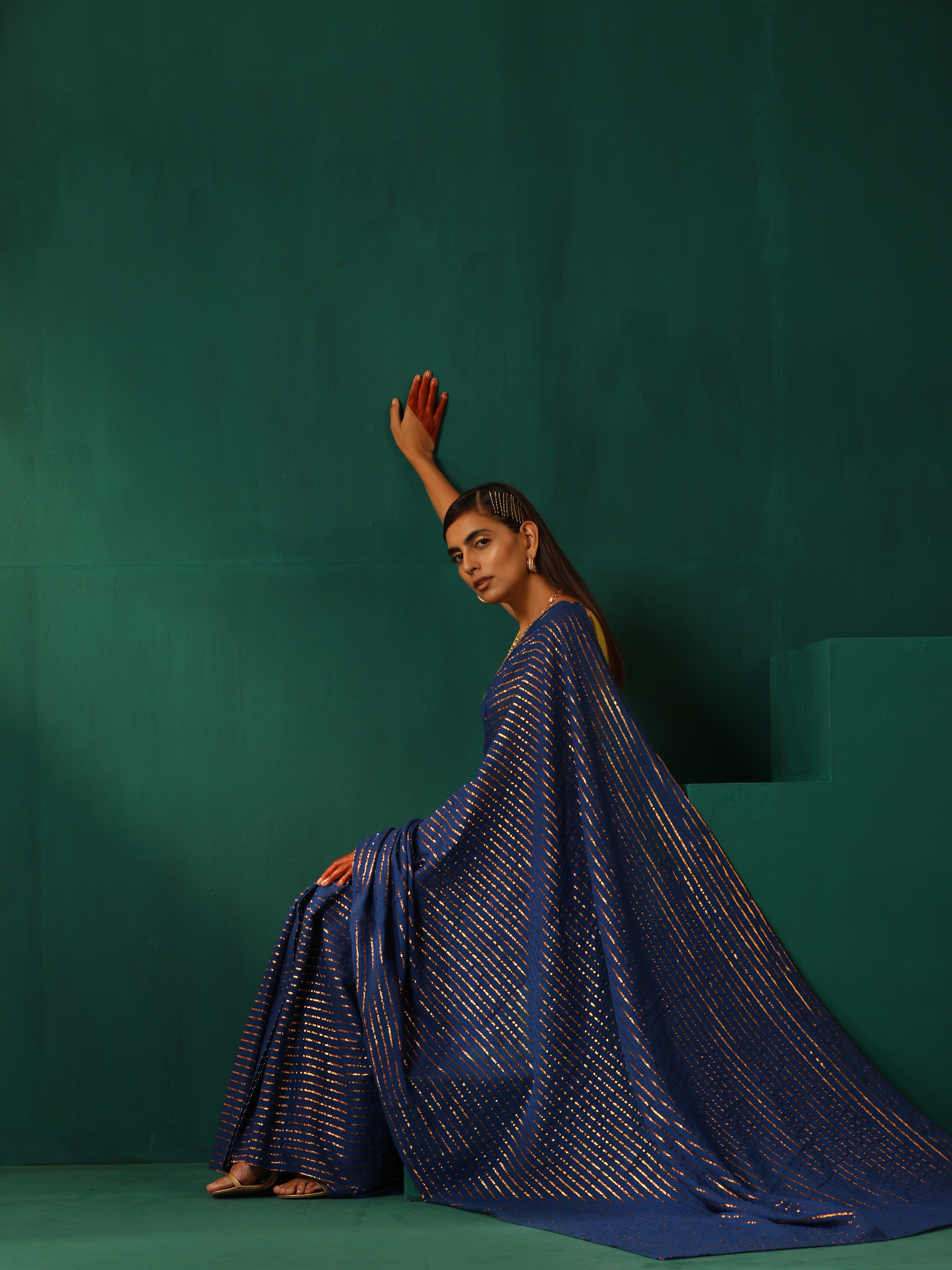 trueBrowns Royal Blue Cotton Gold Striped Ready To Wear Saree