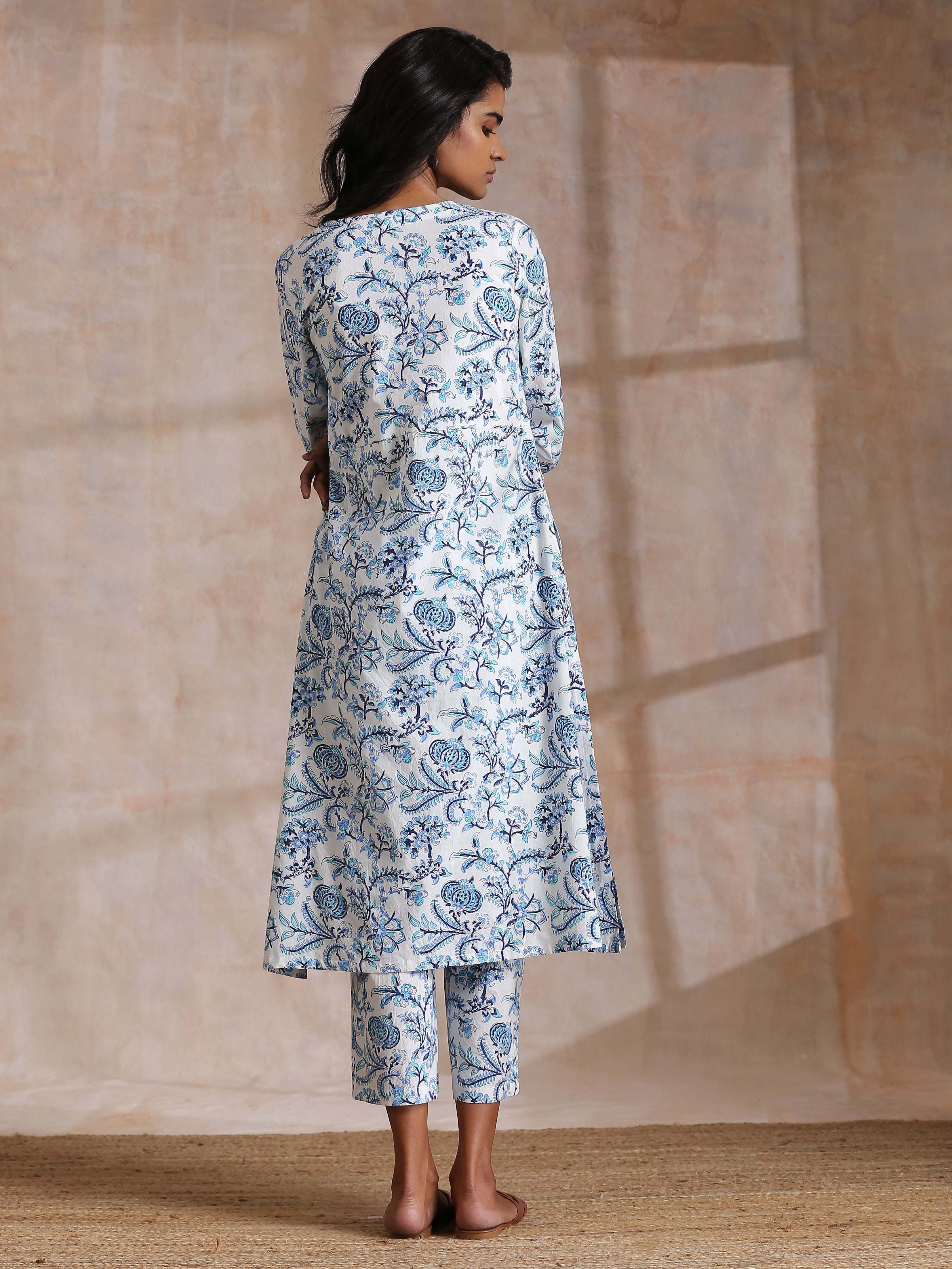 White With Overall Blue Print Cotton Slit Gathered Kurta Set
